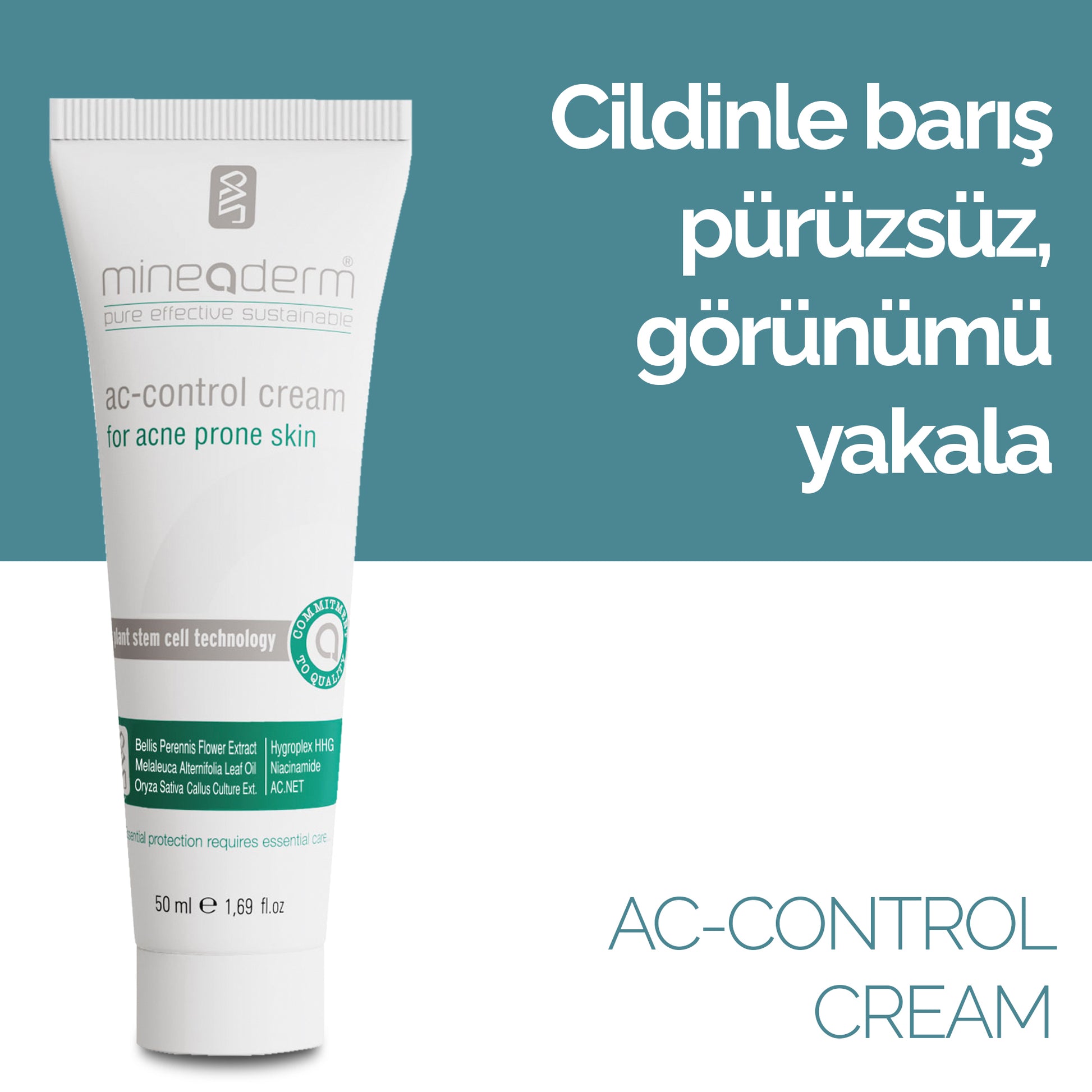 Mineaderm Sebum Dengeleyici Nemlendirici; 50 ml beyaz tüp ambalajda, yeşil detaylı krem. Cildin aşırı yağ salınımını dengelemeye yardımcı olur. Kurutmadan ve tahriş etmeden bakım sağlar, cildin doğal, pürüzsüz ve dengeli bir görünüme kavuşmasını destekler.
