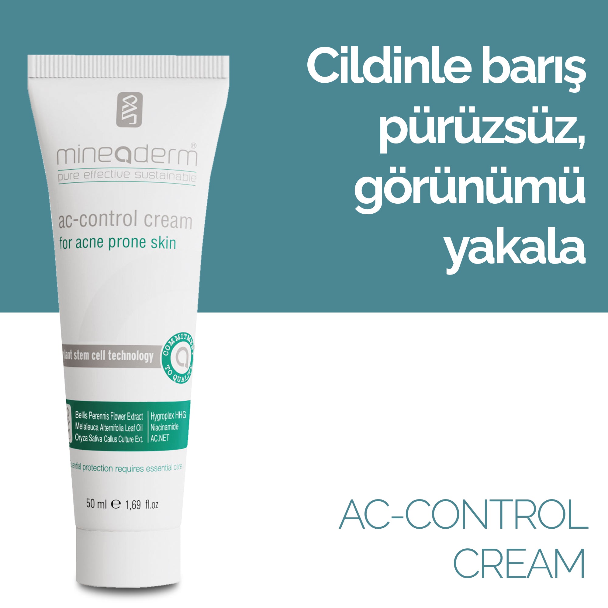 Mineaderm Sebum Dengeleyici Nemlendirici; 50 ml beyaz tüp ambalajda, yeşil detaylı krem. Cildin aşırı yağ salınımını dengelemeye yardımcı olur. Kurutmadan ve tahriş etmeden bakım sağlar, cildin doğal, pürüzsüz ve dengeli bir görünüme kavuşmasını destekler.