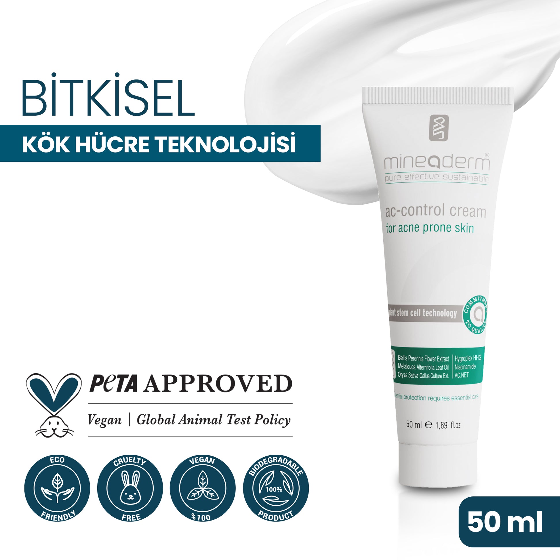 Mineaderm Sebum Dengeleyici Nemlendirici; 50 ml beyaz tüp ambalajda, yeşil detaylı krem. Cildin aşırı yağ salınımını dengelemeye yardımcı olur. Kurutmadan ve tahriş etmeden bakım sağlar, cildin doğal, pürüzsüz ve dengeli bir görünüme kavuşmasını destekler.