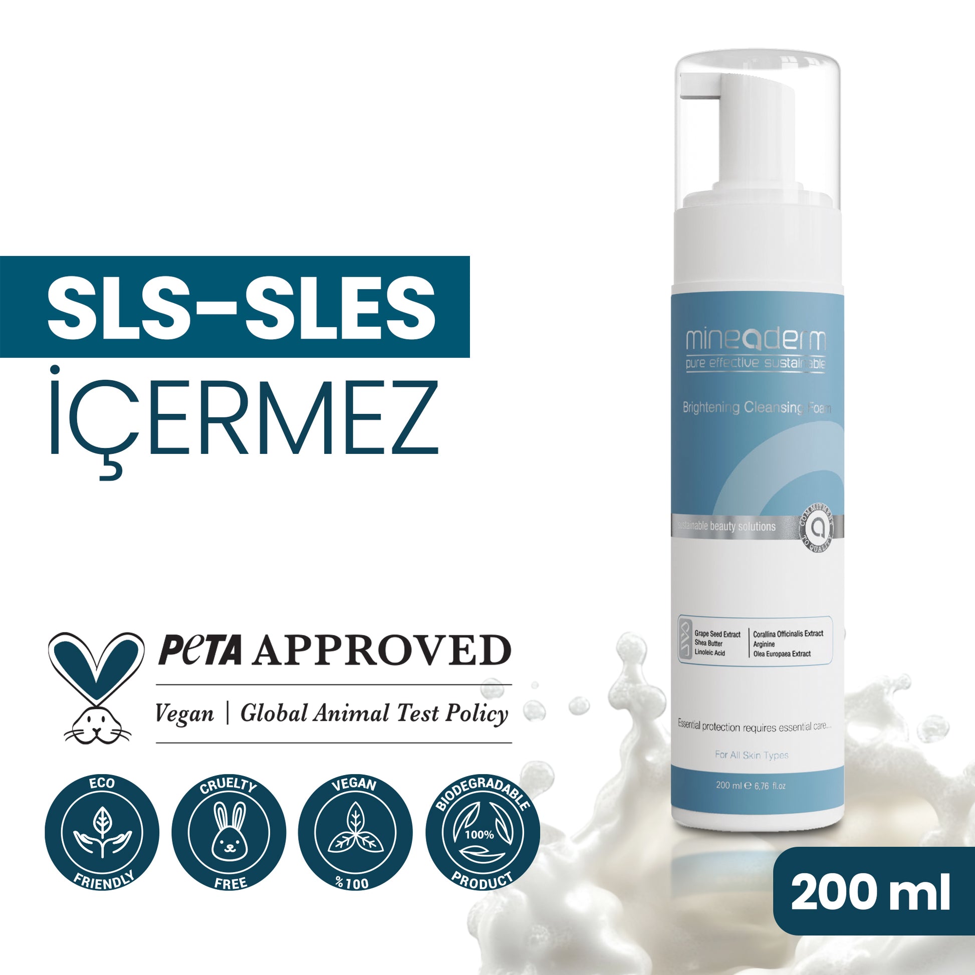 Mineaderm Temizleyici Aydınlatıcı Nem ve Yağ Dengeleyici; 200 ml beyaz şişe ambalajda, mavi ve gri detaylı yüz temizleme köpüğü. Günlük kullanım için uygun hassas formülüyle ciltte su ve sabunun ulaşamadığı kir ve yağları derinlemesine arındırır. Cildin nem ve yağ dengesini korumaya yardımcı olur, aydınlık ve ferah bir görünüm kazandırır.