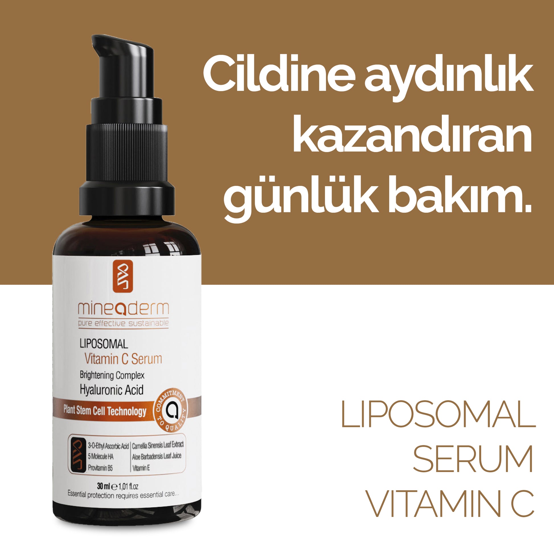 Mineaderm Leke Karşıtı Aydınlatıcı Renk Tonu Eşitleyici; 30 ml cam şişe ambalajda, turuncu detaylı cilt bakım serumu. Yoğun nemlendirici ve canlandırıcı özelliği sayesinde cildin elastikiyetini artırır, ton eşitsizlikleri ile mücadele eder. Cildin aydınlanmasını destekleyerek daha canlı, pürüzsüz ve eşit tonlu bir görünüm kazandırır.