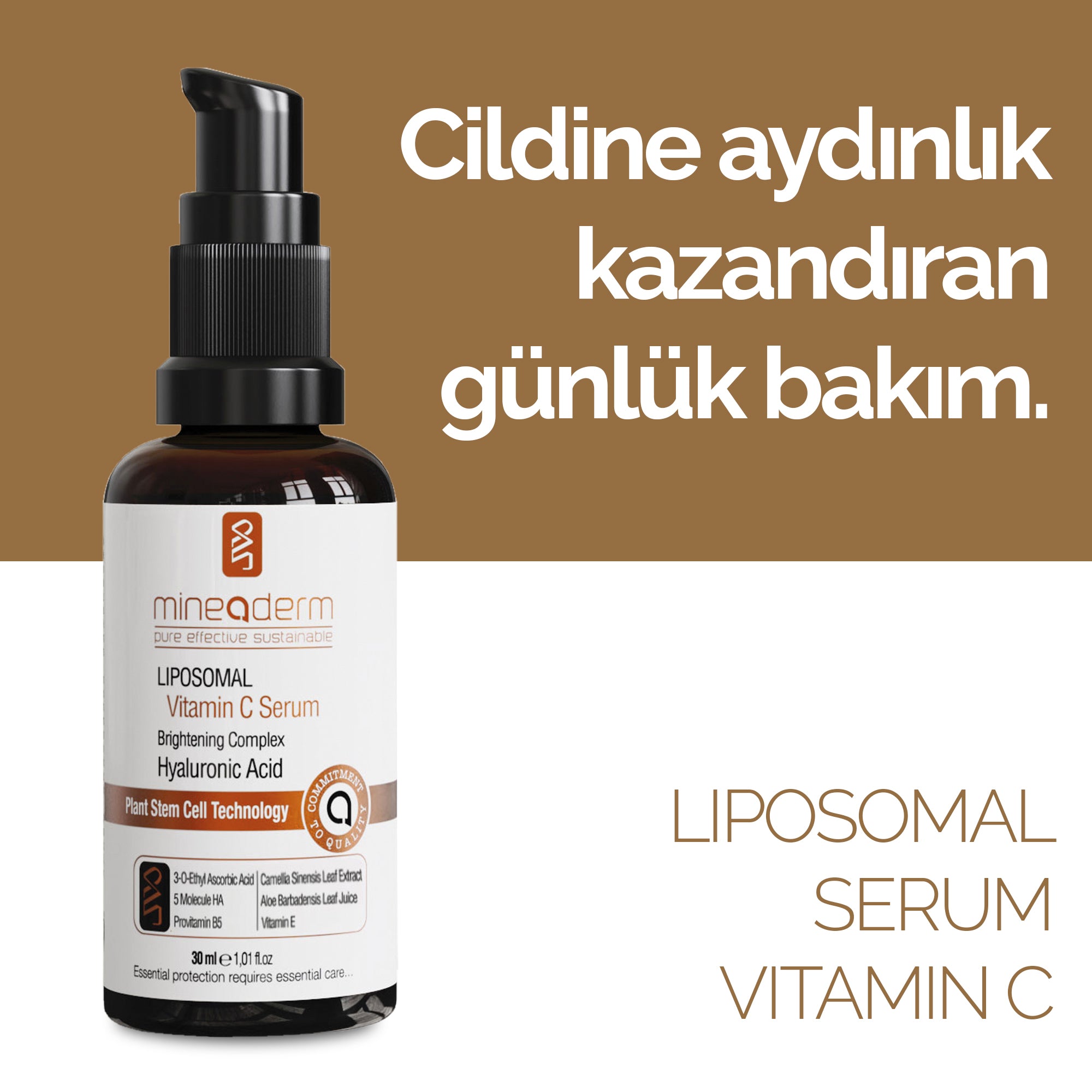 Mineaderm Leke Karşıtı Aydınlatıcı Renk Tonu Eşitleyici; 30 ml cam şişe ambalajda, turuncu detaylı cilt bakım serumu. Yoğun nemlendirici ve canlandırıcı özelliği sayesinde cildin elastikiyetini artırır, ton eşitsizlikleri ile mücadele eder. Cildin aydınlanmasını destekleyerek daha canlı, pürüzsüz ve eşit tonlu bir görünüm kazandırır.