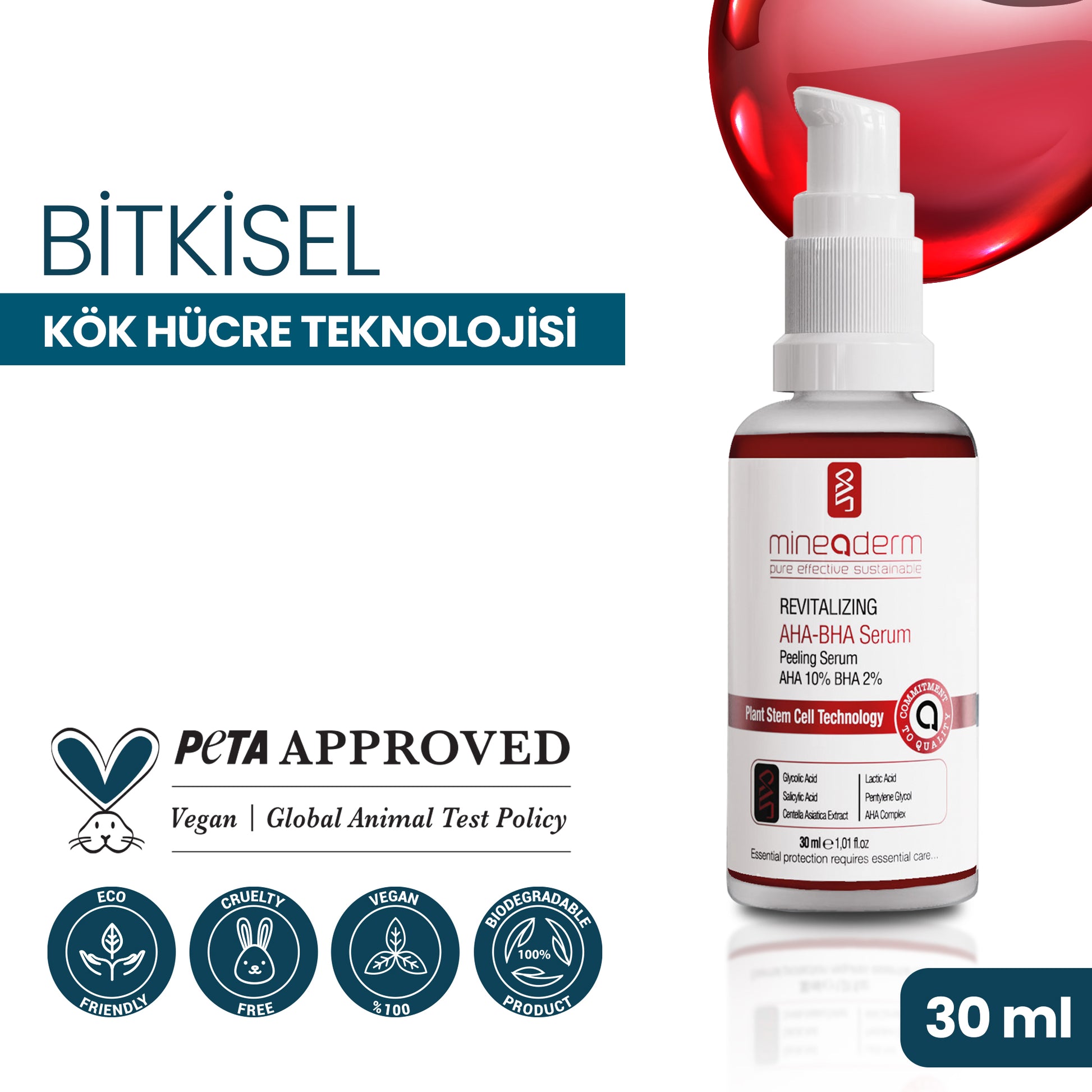Mineaderm Leke Karşıtı Gözenek Karşıtı Yağ Dengeleyici; 30 ml şeffaf cam şişe ambalajda, kırmızı detaylı serum. Cildi nemlendirir, genç ve pürüzsüz görünümünü destekler. Renk eşitsizlikleriyle mücadele eder, cilt tonunu düzenlemeye yardımcı olur ve daha dengeli, aydınlık bir görünüm kazandırır.