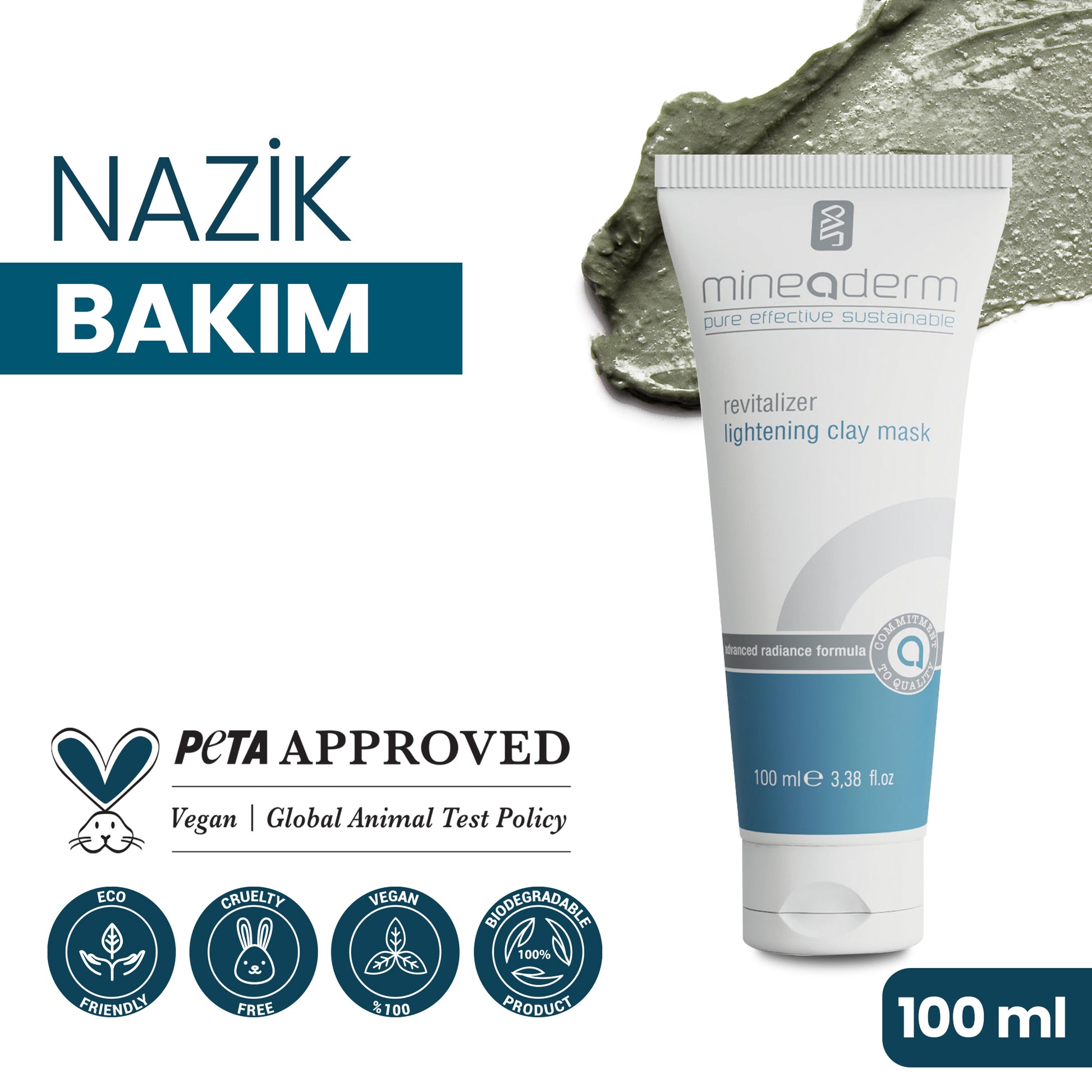 Mineaderm Aydınlatıcı Arındırıcı; 100 ml beyaz tüp ambalajda, mavi ve gri detaylı kil maskesi. Cildin üst tabakasını nazikçe arındırarak ışıltısını geri kazandırır. Yumuşak, aydınlık ve canlı bir görünüm için rahatlatıcı etki sağlar, cildi pürüzsüz ve ferah hissettirir.