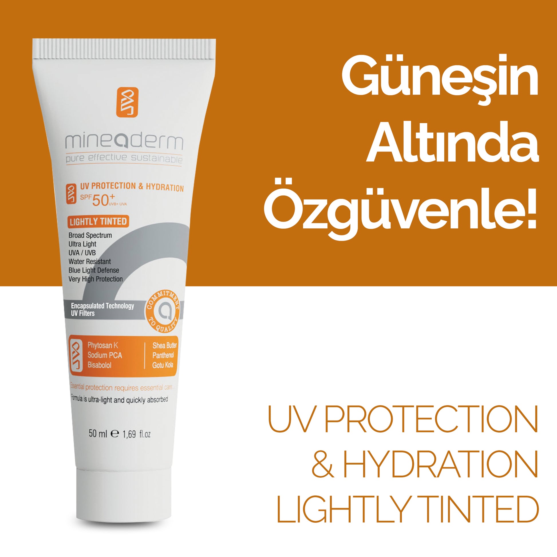 Mineaderm Kapatıcılı Güneş Koruma Nem Dengeleyici; beyaz tüp ambalajda, turuncu detaylı 50 ml renkli güneş kremi. Renkli yapısı sayesinde cilt kusurlarını kapamaya yardımcı olurken, maksimum geniş spektrumlu UVA ve UVB koruması sağlar. Güneş kaynaklı cilt problemlerine karşı korumayı destekler, hafif dokusuyla kolayca emilir ve cildin daha dengeli, pürüzsüz ve eşit tonda görünmesine katkıda bulunur.