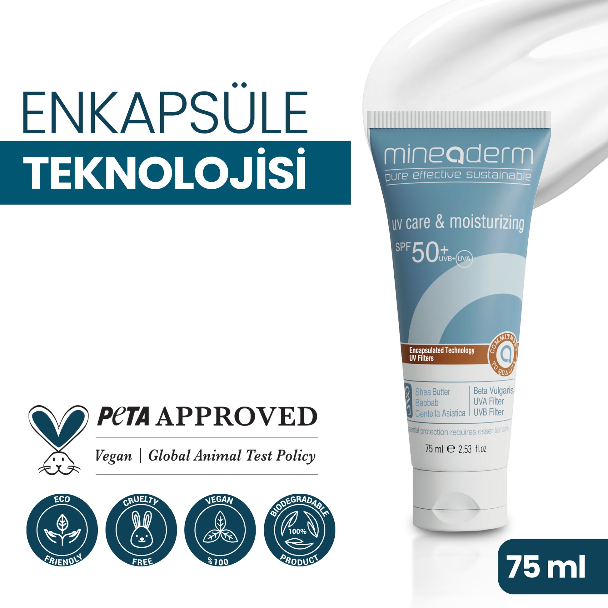 Mineaderm Güneş Koruma Yaşlanma Karşıtı Nemlendirici; beyaz tüp ambalajda, mavi detaylı 75 ml güneş kremi. Hafif ve kolay emilen formülüyle cildi nemlendirir ve yumuşatır. UVA ve UVB ışınlarından kaynaklı erken yaşlanma belirtilerine karşı koruma sağlamaya yardımcı olurken, cildin savunma bariyerini güçlendirmeyi destekler ve günlük kullanım için uygundur.
