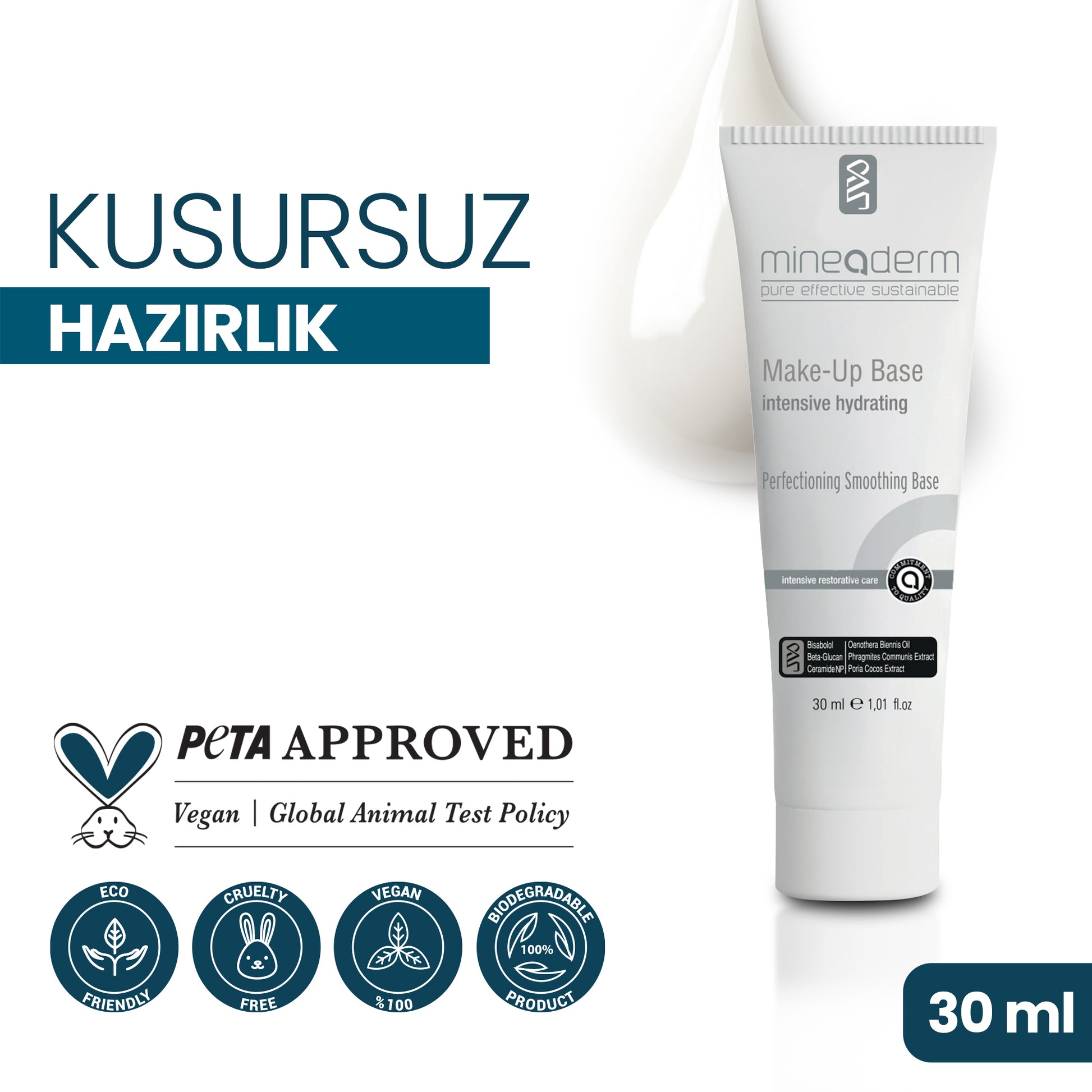 Mineaderm Nemlendirici Canlandırıcı Aydınlatıcı; 30 ml beyaz tüp ambalajda, gri ve siyah detaylı krem. Cildi nemlendirir ve kusursuz makyaj için hazırlar. Aydınlık bir görünüm kazandırarak makyajın daha kalıcı olmasına yardımcı olur, cilde parlak ve canlı bir etki sağlar.