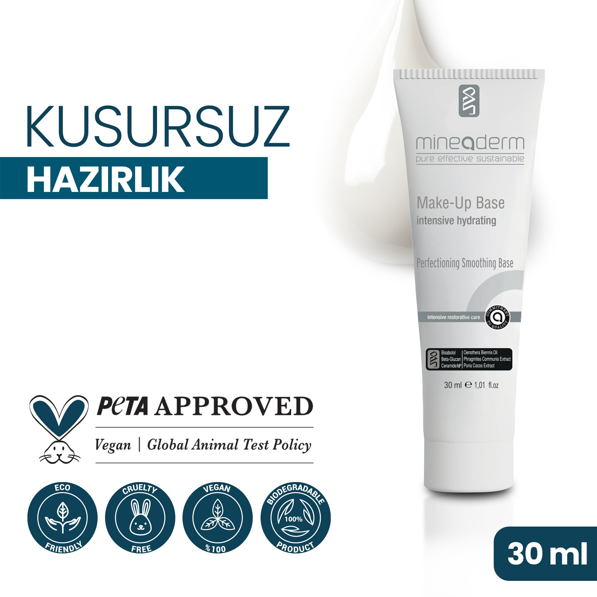 Mineaderm Nemlendirici Canlandırıcı Aydınlatıcı; 30 ml beyaz tüp ambalajda, gri ve siyah detaylı krem. Cildi nemlendirir ve kusursuz makyaj için hazırlar. Aydınlık bir görünüm kazandırarak makyajın daha kalıcı olmasına yardımcı olur, cilde parlak ve canlı bir etki sağlar.