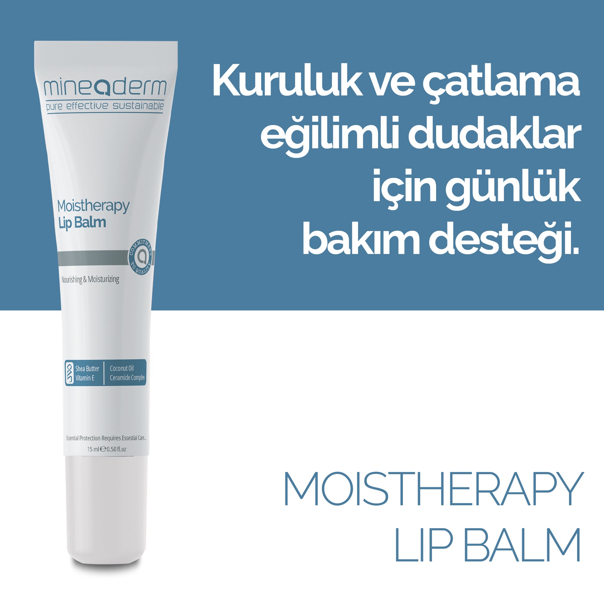 Mineaderm Nemlendirici Bariyer Güçlendirici; 15 ml beyaz tüp ambalajda, mavi detaylı dudak balmı. Dudakları nemlendirmeye ve çevresel faktörlerden kaynaklı hassasiyeti önlemeye yardımcı olur. Özel formülü sayesinde dudakları hızlıca rahatlatır, korur ve pürüzsüz, yumuşak bir görünüm kazanmasına destek sağlar.