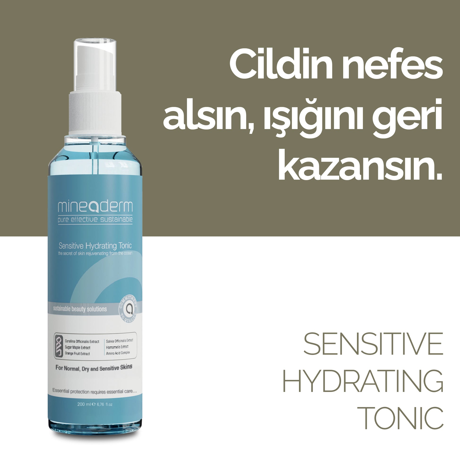 Mineaderm Arındırıcı Gözenek Sıkılaştırıcı; 200 ml mavi şişe ambalajda, beyaz, mavi ve gri detaylı tonik. Ciltteki nemi korumaya yardımcı olurken cildin tazelenmesini destekler. Yüzeyini yumuşatır, gözeneklerin sıkılaşmasına katkıda bulunur ve cilde dengeli, ferah bir görünüm kazandırır.