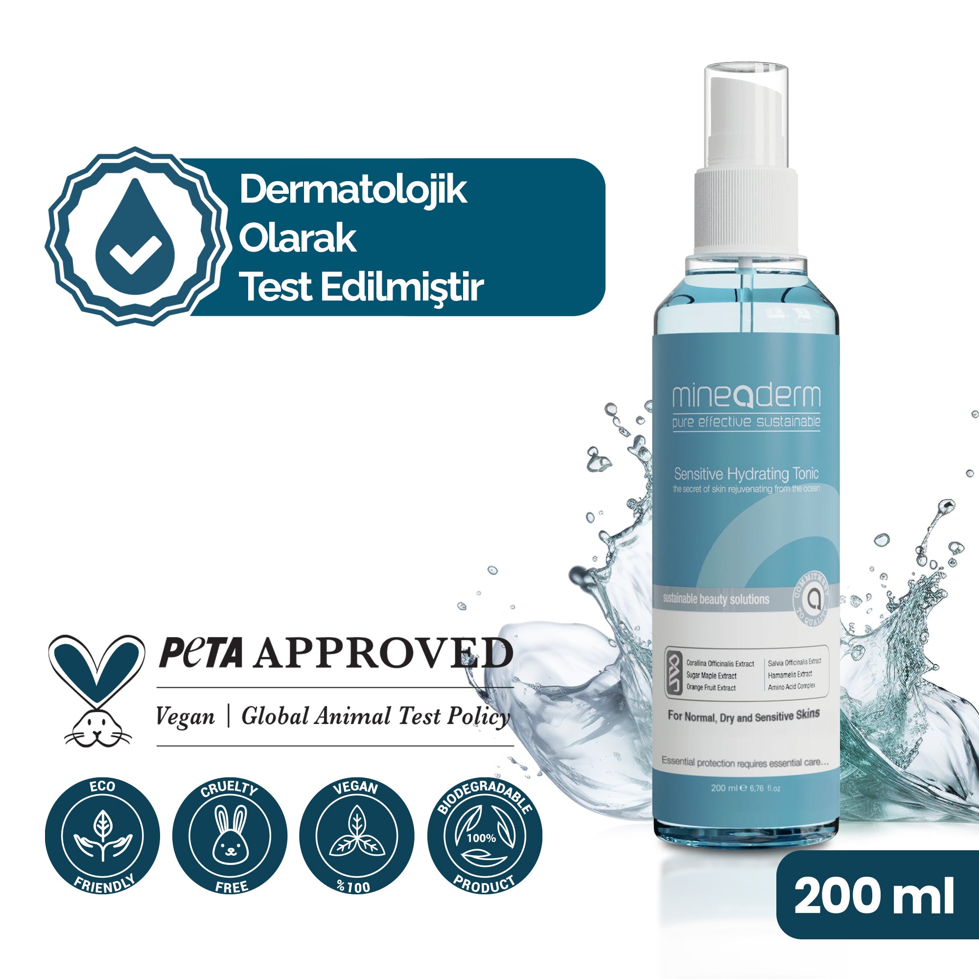 Mineaderm Arındırıcı Gözenek Sıkılaştırıcı; 200 ml mavi şişe ambalajda, beyaz, mavi ve gri detaylı tonik. Ciltteki nemi korumaya yardımcı olurken cildin tazelenmesini destekler. Yüzeyini yumuşatır, gözeneklerin sıkılaşmasına katkıda bulunur ve cilde dengeli, ferah bir görünüm kazandırır.