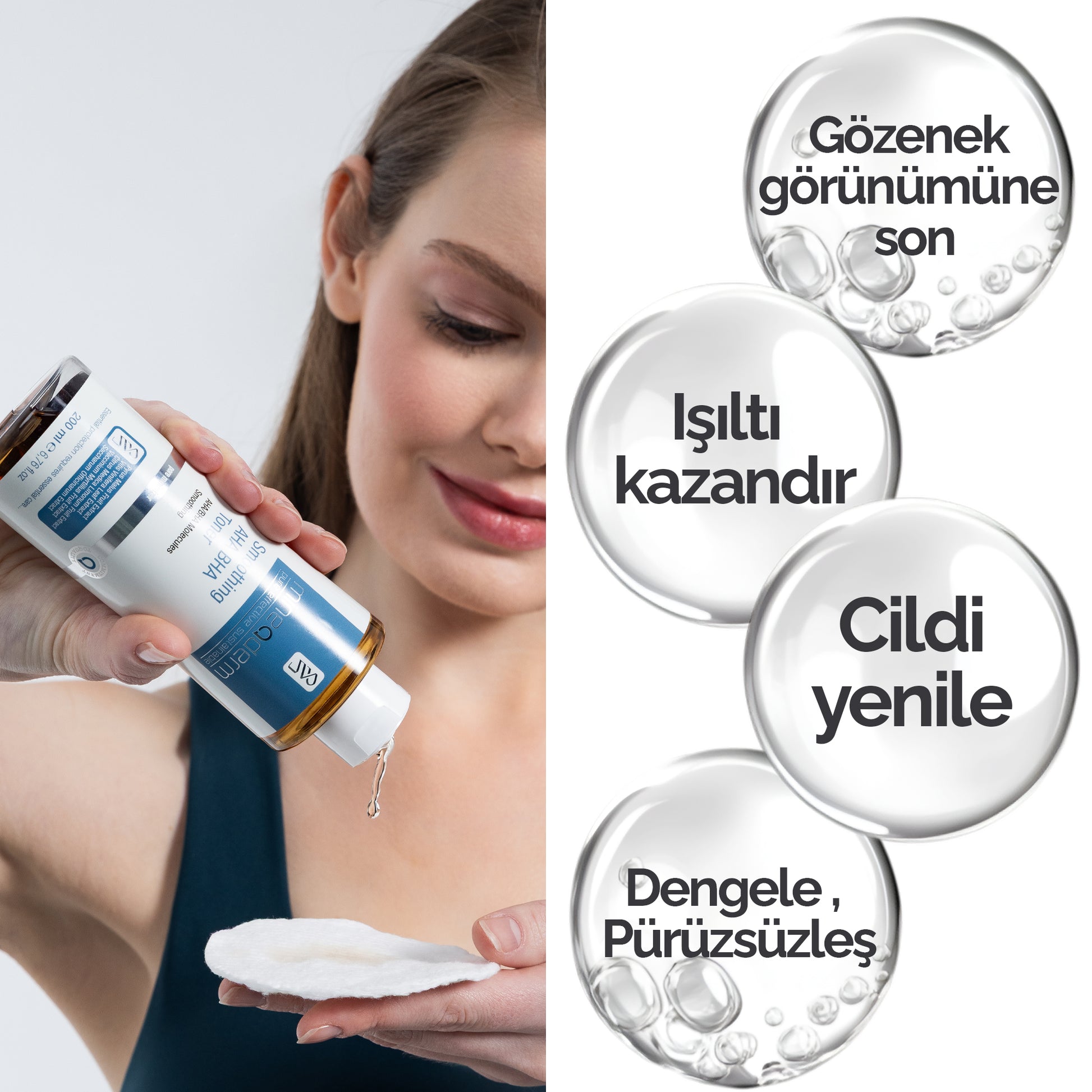Mineaderm Yağ Dengeleyici Sıkılaştırıcı Pürüzsüzleştirici; 200 ml şeffaf şişe ambalajda, mavi detaylı tonik. Günlük kullanıma uygun formülü AHA ve BHA aktifleri ile cildi arındırır, gözeneklerin sıkılaşmasına ve pürüzsüz bir görünüm kazanmasına yardımcı olur. Besleyici botanik bileşenler ile cildin daha dengeli, taze ve yumuşak kalmasını destekler.