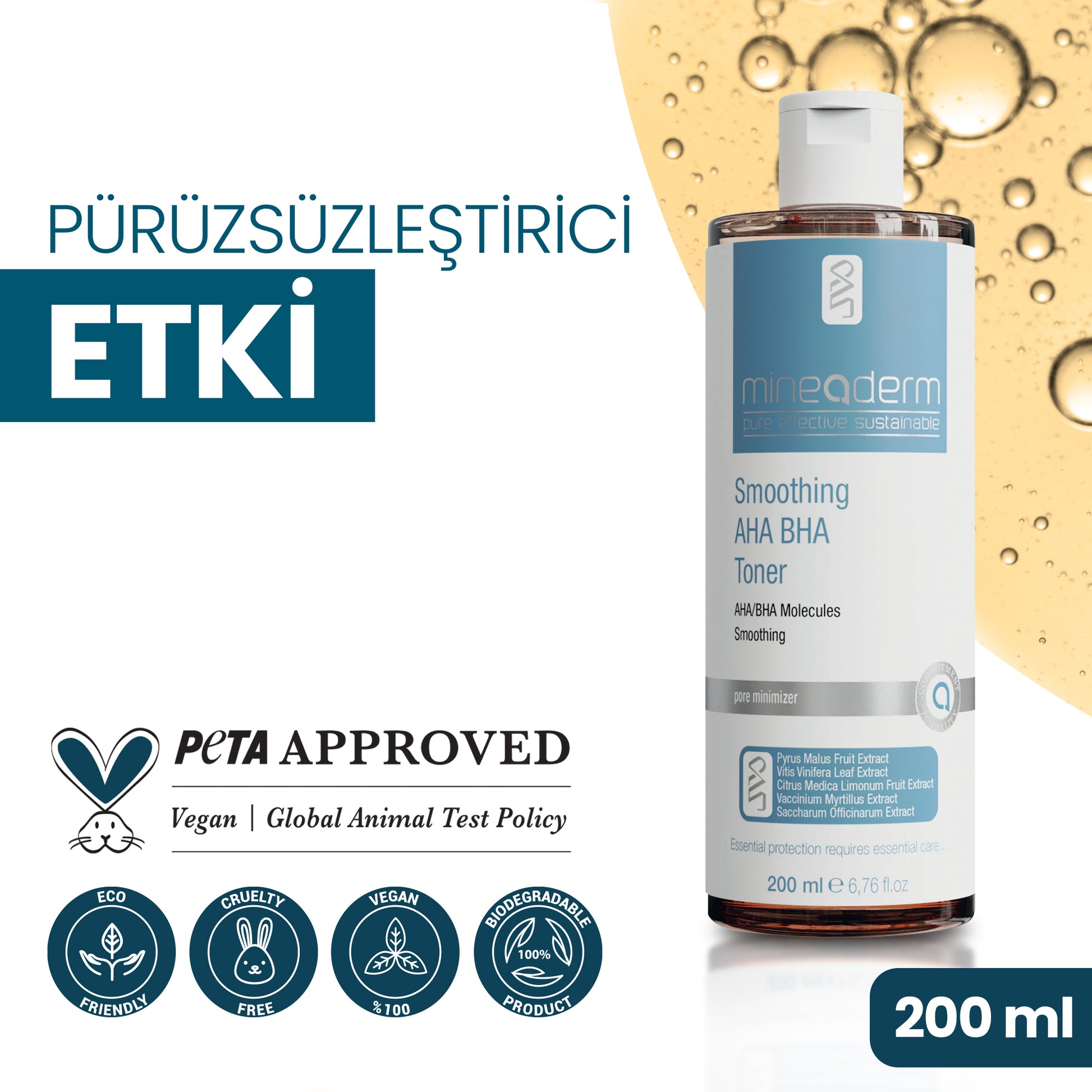 Mineaderm Yağ Dengeleyici Sıkılaştırıcı Pürüzsüzleştirici; 200 ml şeffaf şişe ambalajda, mavi detaylı tonik. Günlük kullanıma uygun formülü AHA ve BHA aktifleri ile cildi arındırır, gözeneklerin sıkılaşmasına ve pürüzsüz bir görünüm kazanmasına yardımcı olur. Besleyici botanik bileşenler ile cildin daha dengeli, taze ve yumuşak kalmasını destekler.