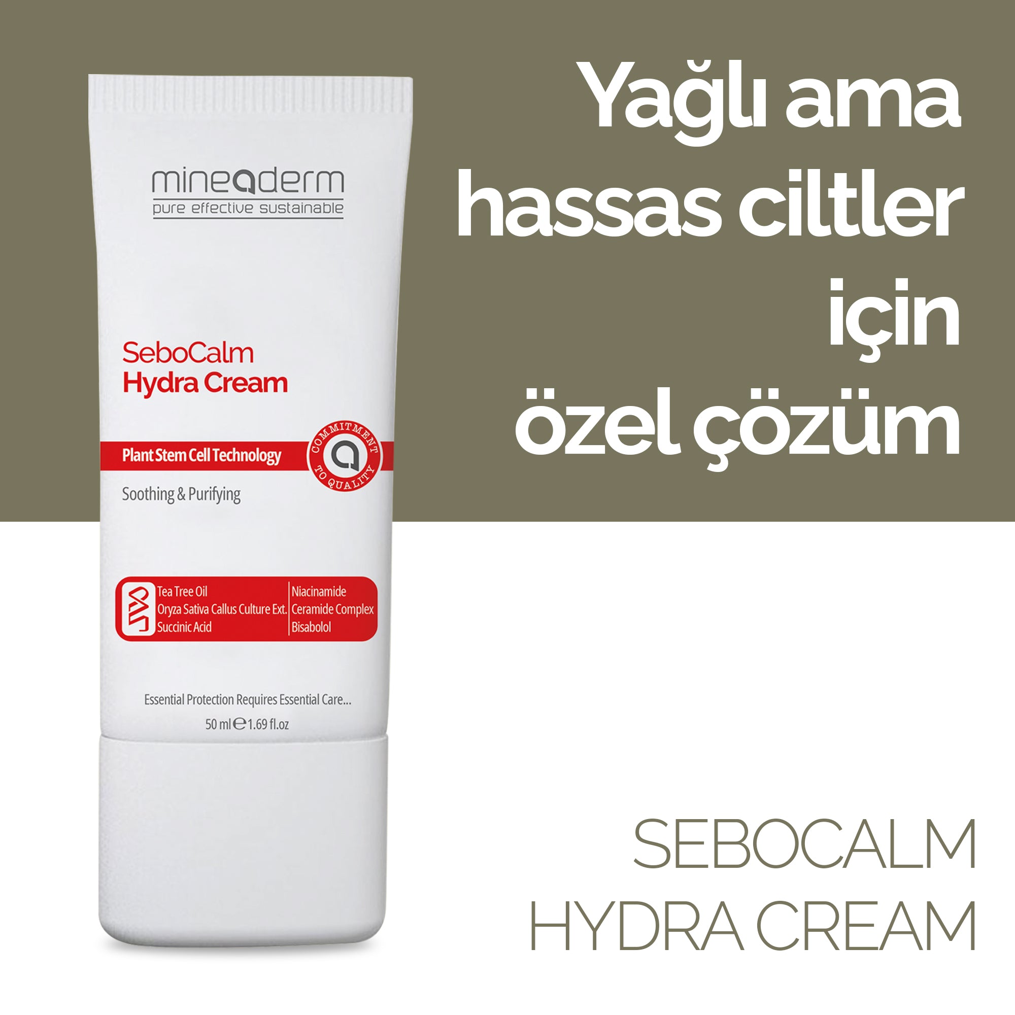 Mineaderm Yağ ve Nem Dengeleyici Yatıştırıcı; 50 ml beyaz tüp ambalajda, kırmızı detaylı bakım kremi. Pullanmaya meyilli, kızarık ve aşırı yağ üreten ciltler için geliştirilmiştir. Özellikle burun, kaş arası, alın ve ağız çevresinde yağ-nem dengesini sağlamaya yardımcı olur, kuruluğu azaltarak cildi yatıştırır ve daha dengeli bir görünüm kazandırır.