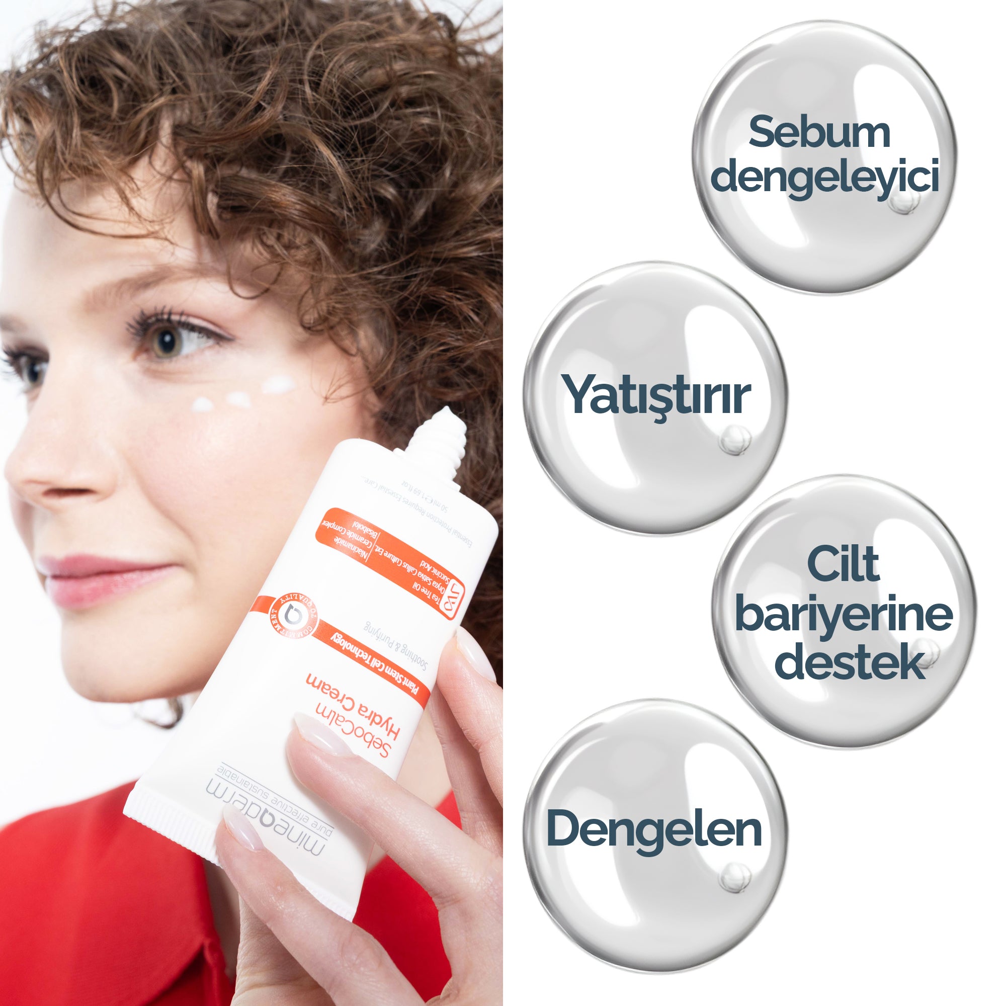 Mineaderm Yağ ve Nem Dengeleyici Yatıştırıcı; 50 ml beyaz tüp ambalajda, kırmızı detaylı bakım kremi. Pullanmaya meyilli, kızarık ve aşırı yağ üreten ciltler için geliştirilmiştir. Özellikle burun, kaş arası, alın ve ağız çevresinde yağ-nem dengesini sağlamaya yardımcı olur, kuruluğu azaltarak cildi yatıştırır ve daha dengeli bir görünüm kazandırır.