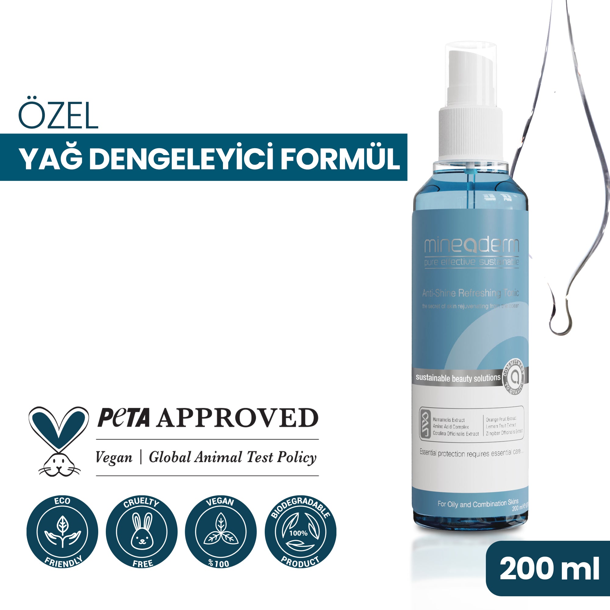 Mineaderm Yağ Dengeleyici Gözenek Sıkılaştırıcı Temizleyici; 200 ml mavi şişe ambalajda, gri ve beyaz detaylı temizleyici. Cildi kurutmadan ve tahriş etmeden derinlemesine arındırır, aşırı yağlanmayı dengelemeye yardımcı olur. Cildin tazelenmesini destekler, nem ve ferahlık kazandırarak daha pürüzsüz ve dengeli bir görünüm sağlar.