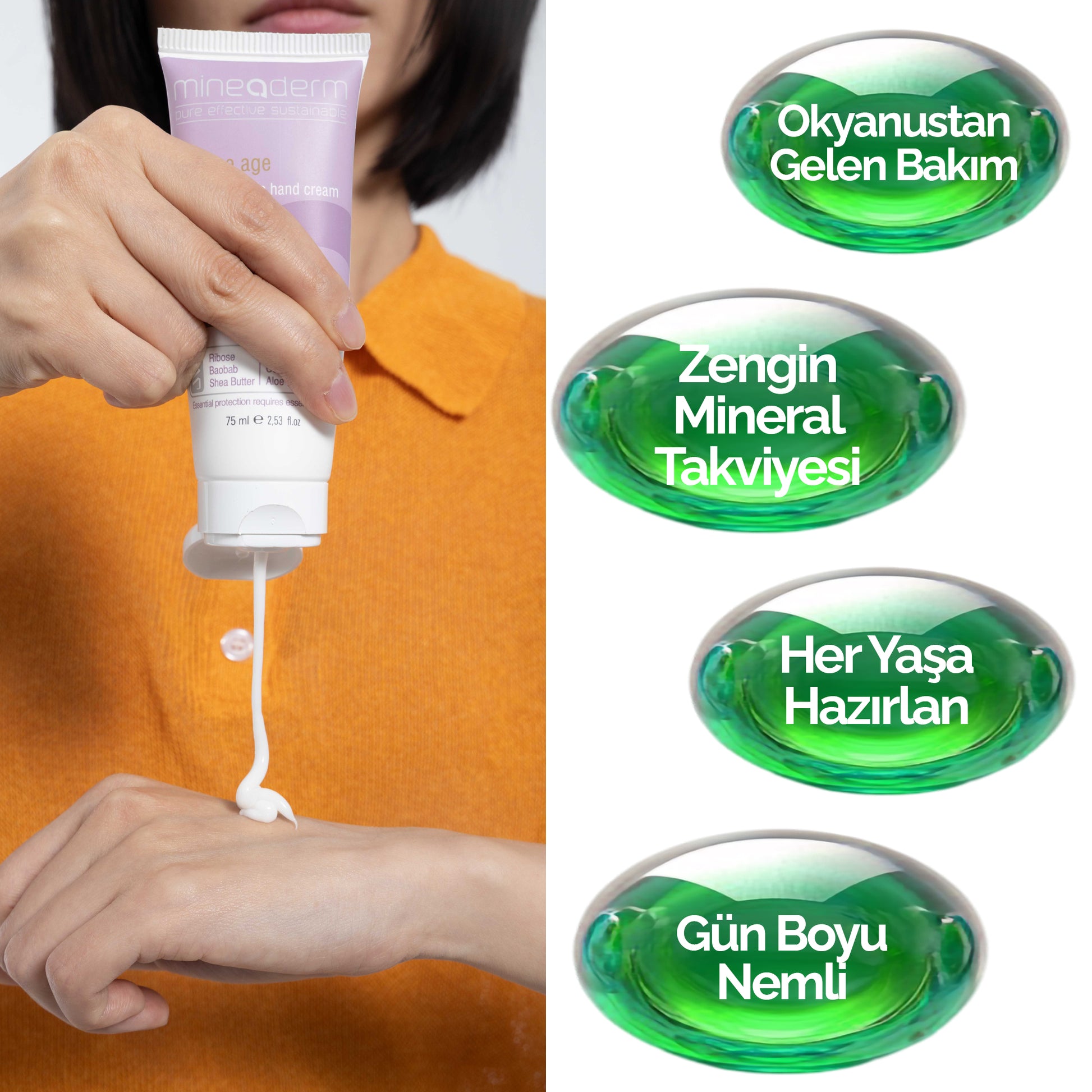 Mineaderm Yaşlanma Karşıtı Sıkılaştırıcı Nemlendirici; 75 ml beyaz tüp ambalajda, mor detaylı el bakım kremi. Elleri yoğun şekilde nemlendirir ve besler, cildin daha canlı ve yumuşak görünmesine yardımcı olur. Yaşlanma belirtilerine karşı korumayı destekler, daha pürüzsüz ve sağlıklı bir görünüm kazandırır.