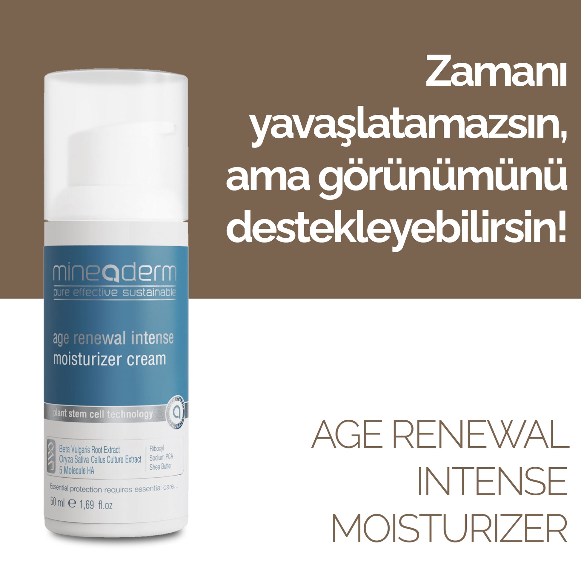Mineaderm Nemlendirici Yaşlanma Karşıtı; 50 ml beyaz şişe ambalajda, mavi ve gri detaylı krem. Cildin gün boyu nem ihtiyacını karşılamaya yardımcı olur, zamanın ciltte yarattığı yıpratıcı etkileri azaltmayı destekler. Düzenli kullanımda cilde canlı, pürüzsüz ve sağlıklı bir görünüm kazandırır.