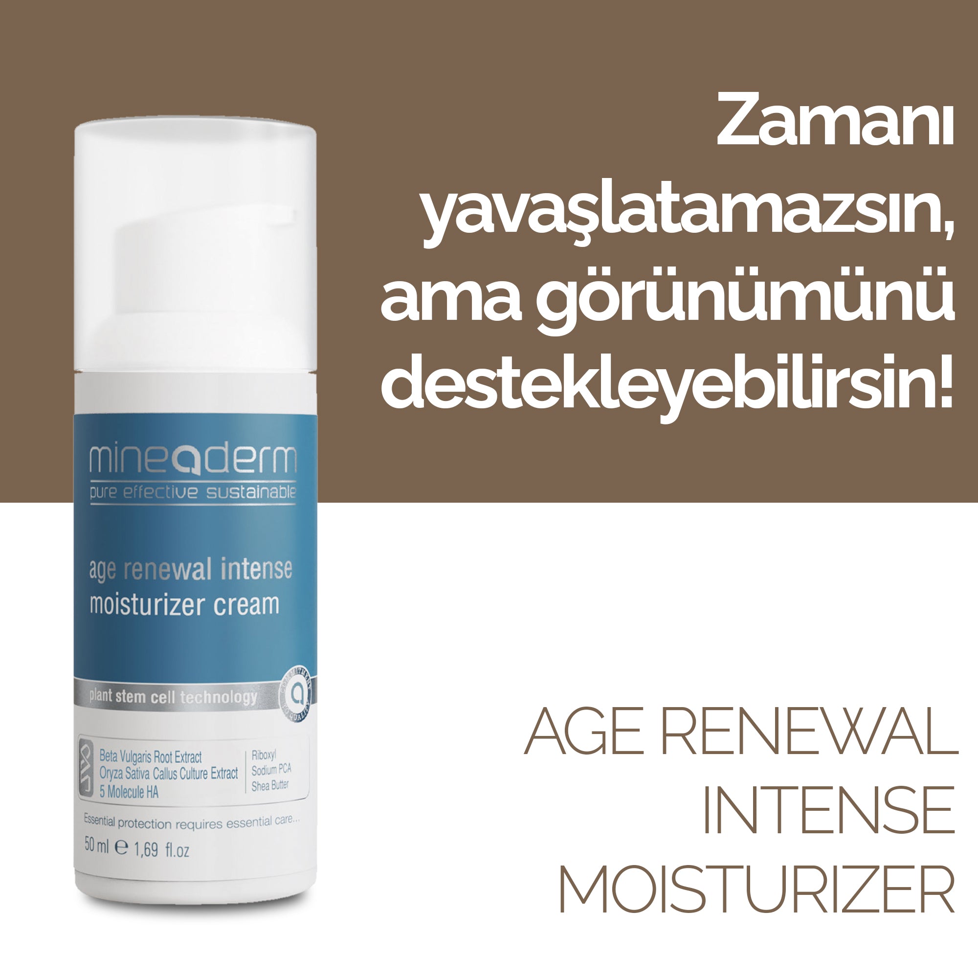 Mineaderm Nemlendirici Yaşlanma Karşıtı; 50 ml beyaz şişe ambalajda, mavi ve gri detaylı krem. Cildin gün boyu nem ihtiyacını karşılamaya yardımcı olur, zamanın ciltte yarattığı yıpratıcı etkileri azaltmayı destekler. Düzenli kullanımda cilde canlı, pürüzsüz ve sağlıklı bir görünüm kazandırır.