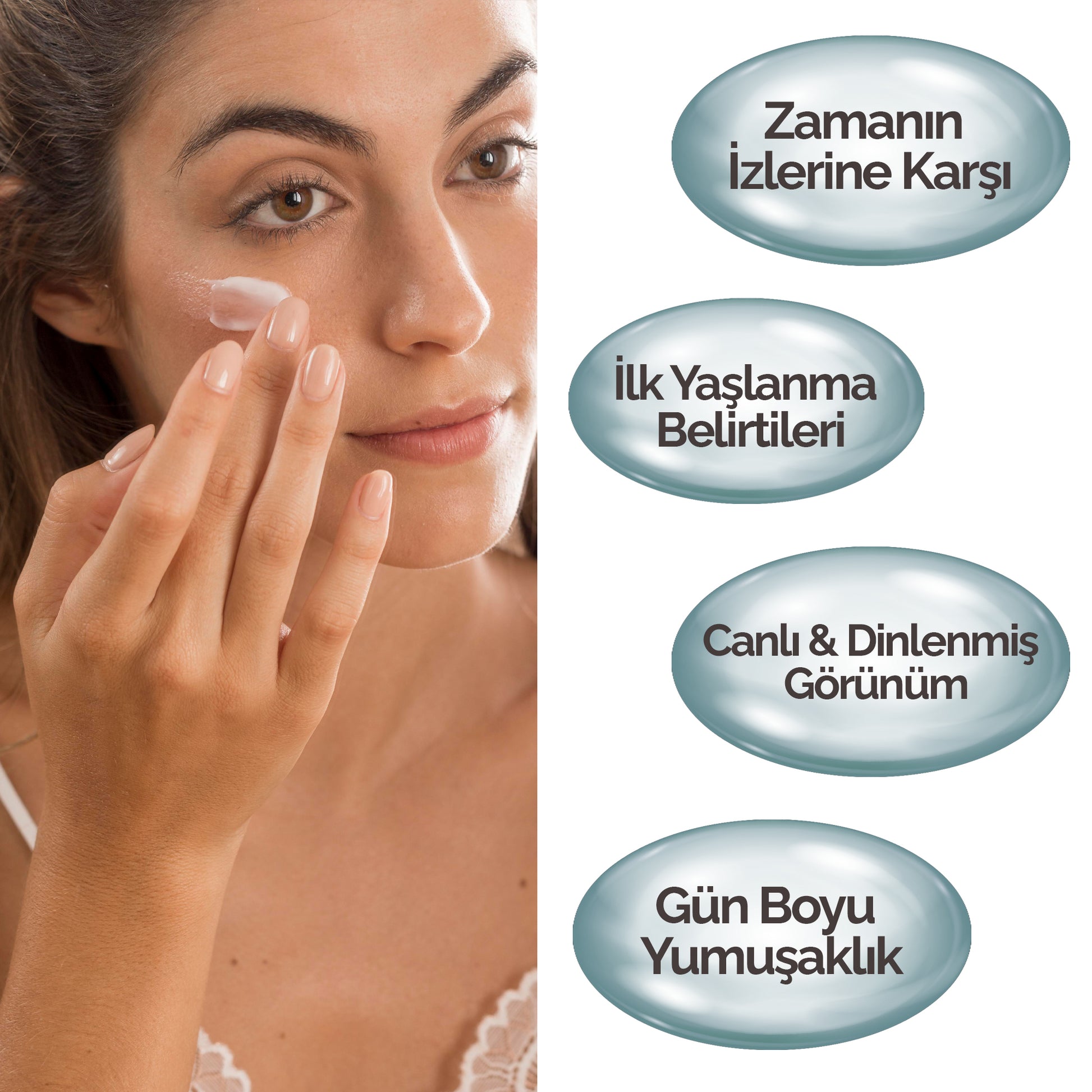 Mineaderm Nemlendirici Yaşlanma Karşıtı; 50 ml beyaz şişe ambalajda, mavi ve gri detaylı krem. Cildin gün boyu nem ihtiyacını karşılamaya yardımcı olur, zamanın ciltte yarattığı yıpratıcı etkileri azaltmayı destekler. Düzenli kullanımda cilde canlı, pürüzsüz ve sağlıklı bir görünüm kazandırır.