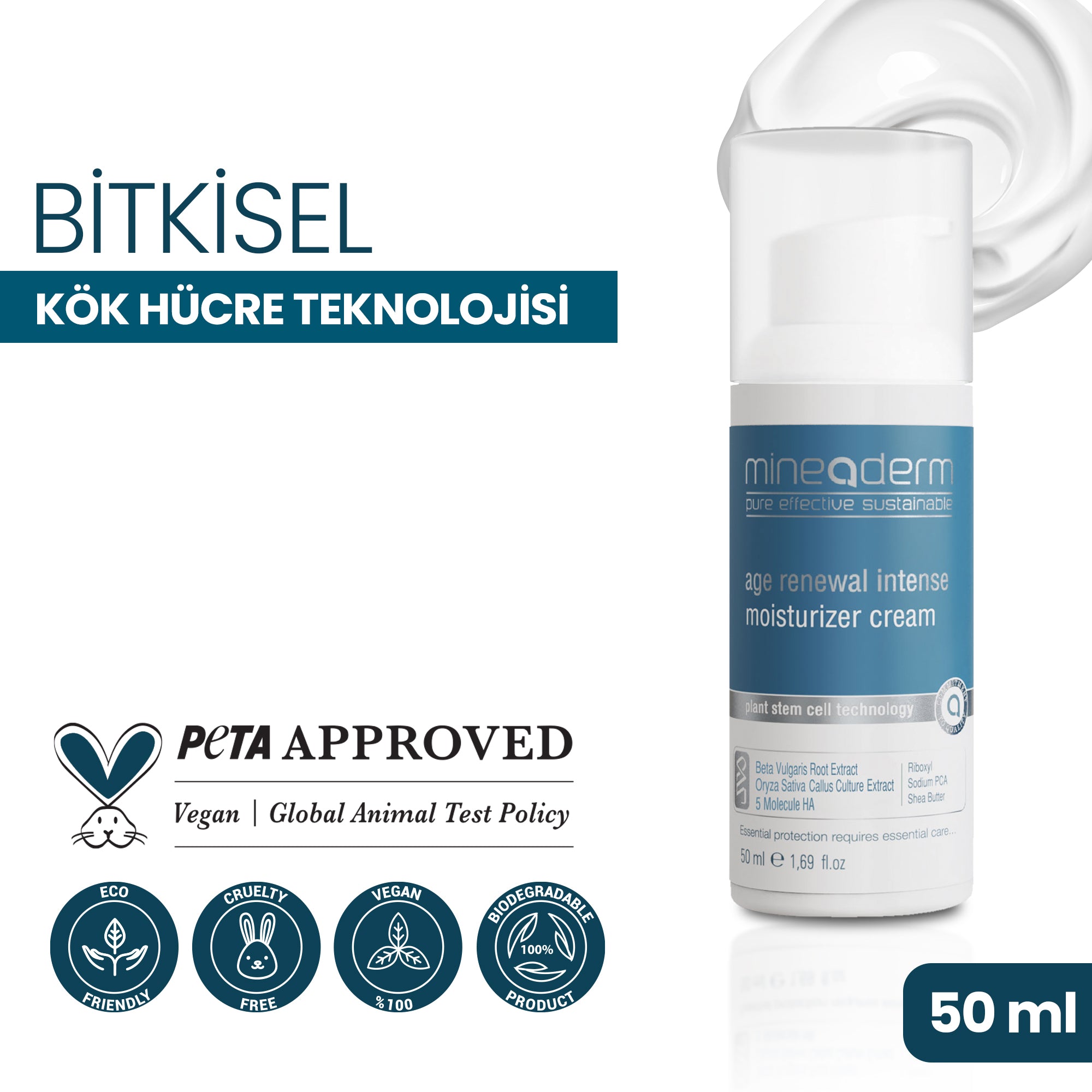 Mineaderm Nemlendirici Yaşlanma Karşıtı; 50 ml beyaz şişe ambalajda, mavi ve gri detaylı krem. Cildin gün boyu nem ihtiyacını karşılamaya yardımcı olur, zamanın ciltte yarattığı yıpratıcı etkileri azaltmayı destekler. Düzenli kullanımda cilde canlı, pürüzsüz ve sağlıklı bir görünüm kazandırır.