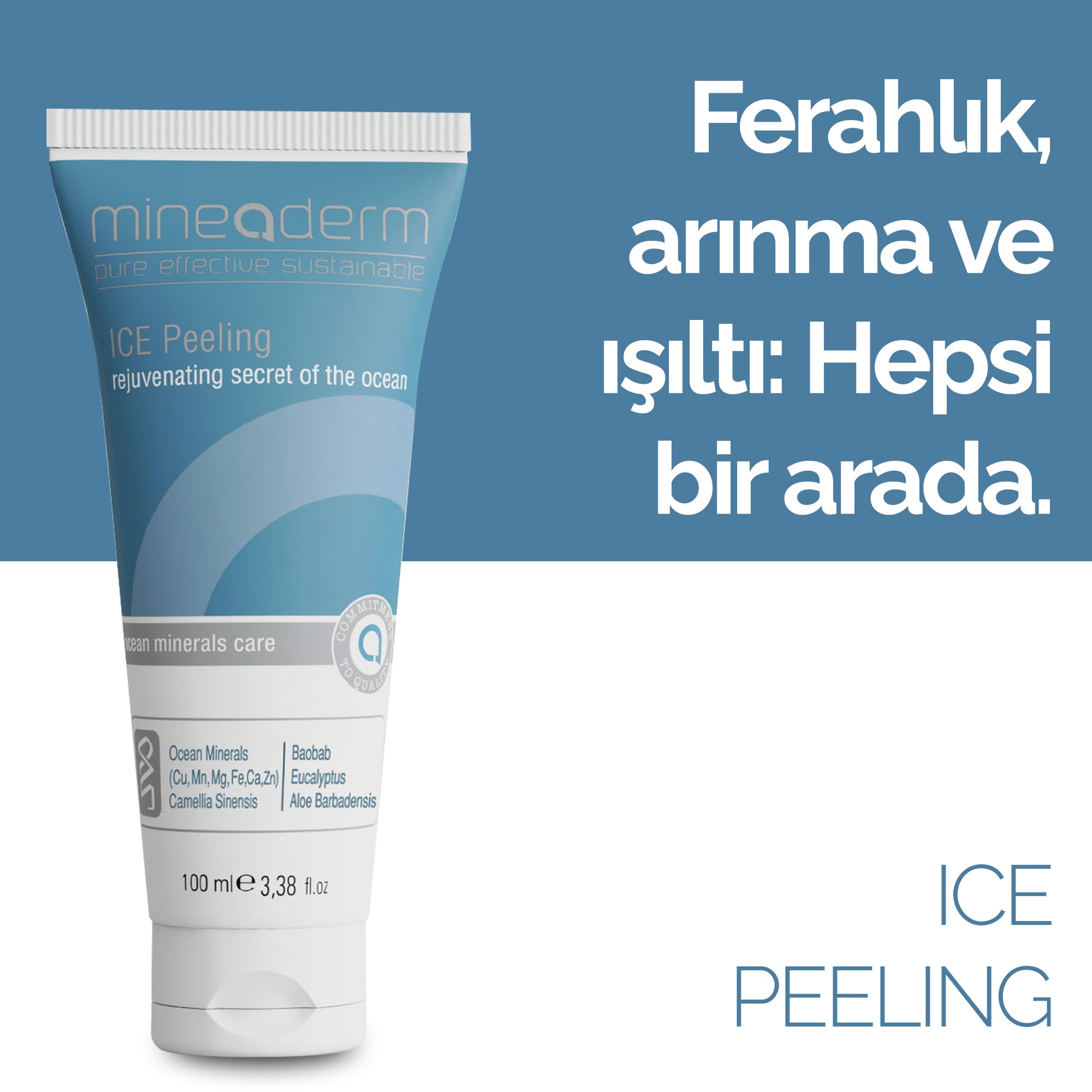 Mineaderm Arındırıcı Yağ ve Nem Dengeleyici; 100 ml beyaz tüp ambalajda, mavi ve gri detaylı yüz bakım peelingi. Cildi nazikçe arındırır, canlandırıcı etkisiyle tazelik sağlar ve yatıştırıcı özelliğiyle cildin daha dengeli, pürüzsüz ve sağlıklı görünüm kazanmasına yardımcı olur.