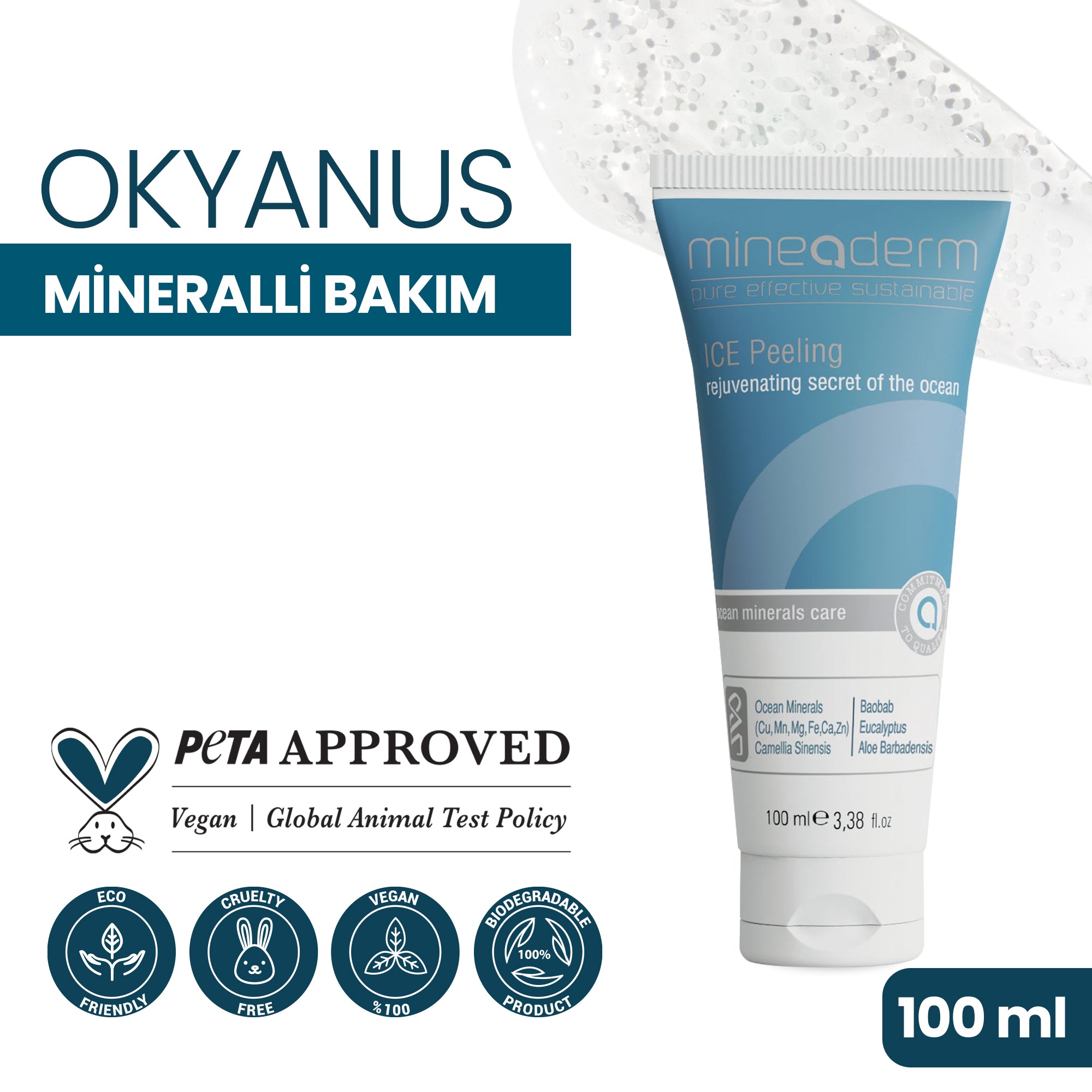 Mineaderm Arındırıcı Yağ ve Nem Dengeleyici; 100 ml beyaz tüp ambalajda, mavi ve gri detaylı yüz bakım peelingi. Cildi nazikçe arındırır, canlandırıcı etkisiyle tazelik sağlar ve yatıştırıcı özelliğiyle cildin daha dengeli, pürüzsüz ve sağlıklı görünüm kazanmasına yardımcı olur.
