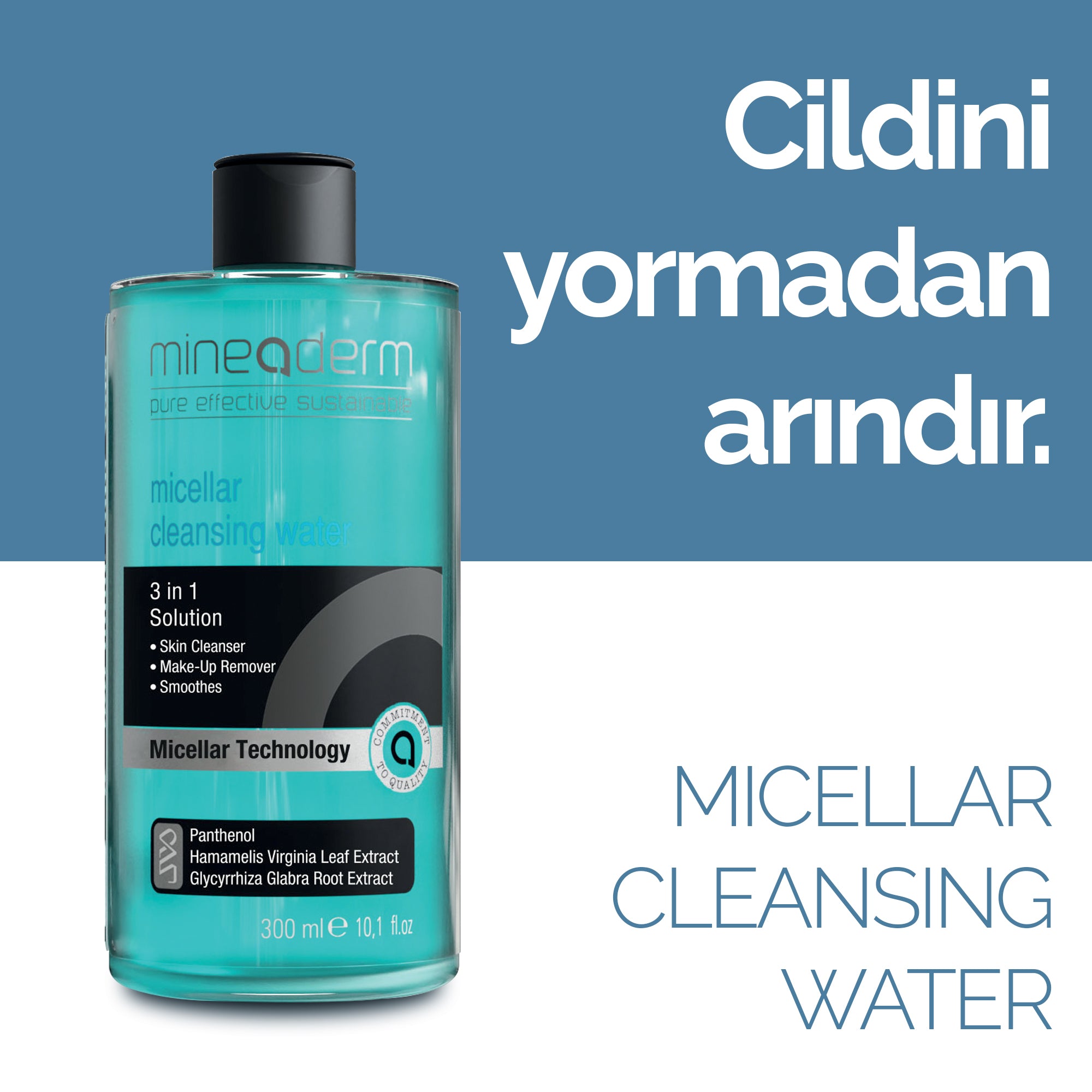 Mineaderm Arındırıcı Aydınlatıcı Nemlendirici; 300 ml mavi şişe ambalajda, siyah ve mavi detaylı makyaj temizleme suyu. Yüzdeki kiri ve makyajı nazikçe arındırır, cildi yumuşak ve nemli bırakır. Yağlanma, gerginlik ve kuruluğun giderilmesine yardımcı olur, cilde ferah ve aydınlık bir görünüm kazandırır.