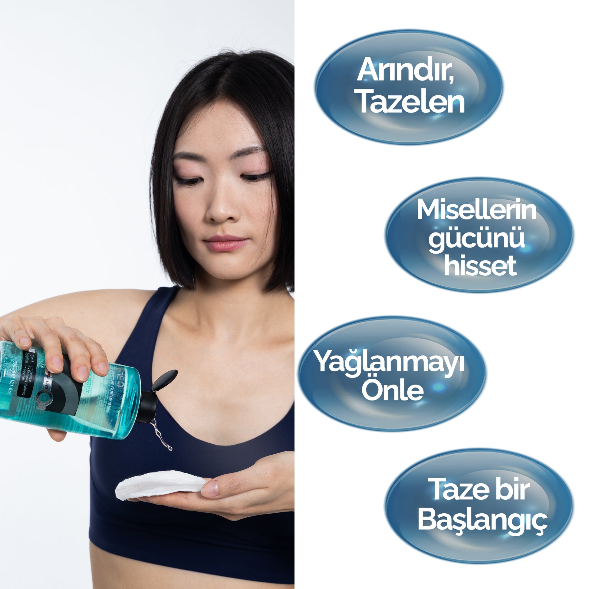 Mineaderm Arındırıcı Aydınlatıcı Nemlendirici; 300 ml mavi şişe ambalajda, siyah ve mavi detaylı makyaj temizleme suyu. Yüzdeki kiri ve makyajı nazikçe arındırır, cildi yumuşak ve nemli bırakır. Yağlanma, gerginlik ve kuruluğun giderilmesine yardımcı olur, cilde ferah ve aydınlık bir görünüm kazandırır.