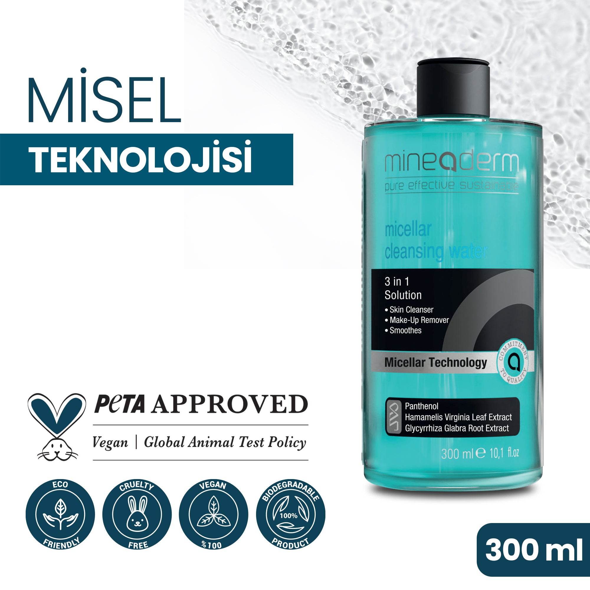Mineaderm Arındırıcı Aydınlatıcı Nemlendirici; 300 ml mavi şişe ambalajda, siyah ve mavi detaylı makyaj temizleme suyu. Yüzdeki kiri ve makyajı nazikçe arındırır, cildi yumuşak ve nemli bırakır. Yağlanma, gerginlik ve kuruluğun giderilmesine yardımcı olur, cilde ferah ve aydınlık bir görünüm kazandırır.