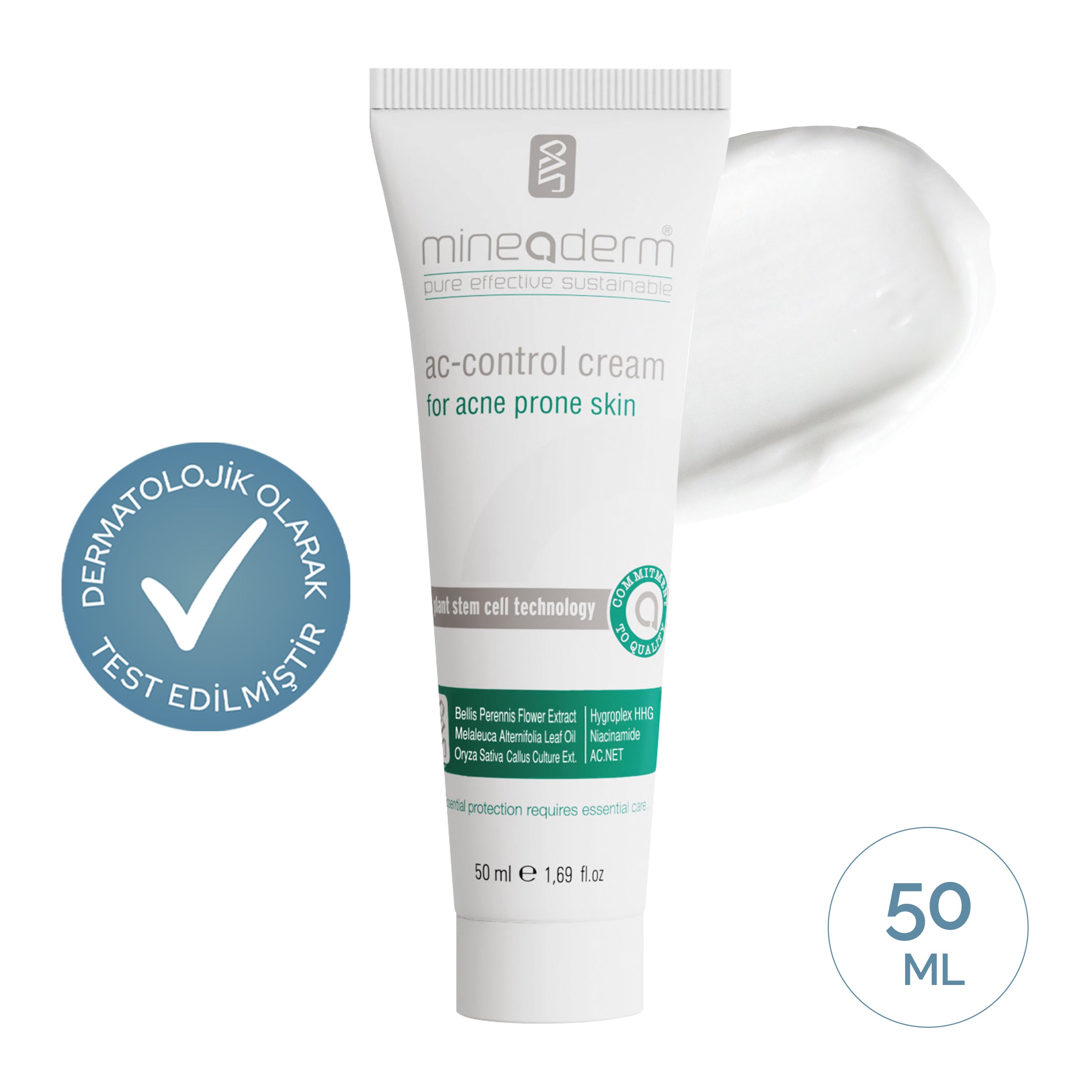 Mineaderm AC-Control Cream 50 ml beyaz tüp ambalaj; yanında krem dokusu ve dermatolojik olarak test edilmiştir rozeti. Akneye eğilimli ciltler için sebum dengeleyici bakım kremi.