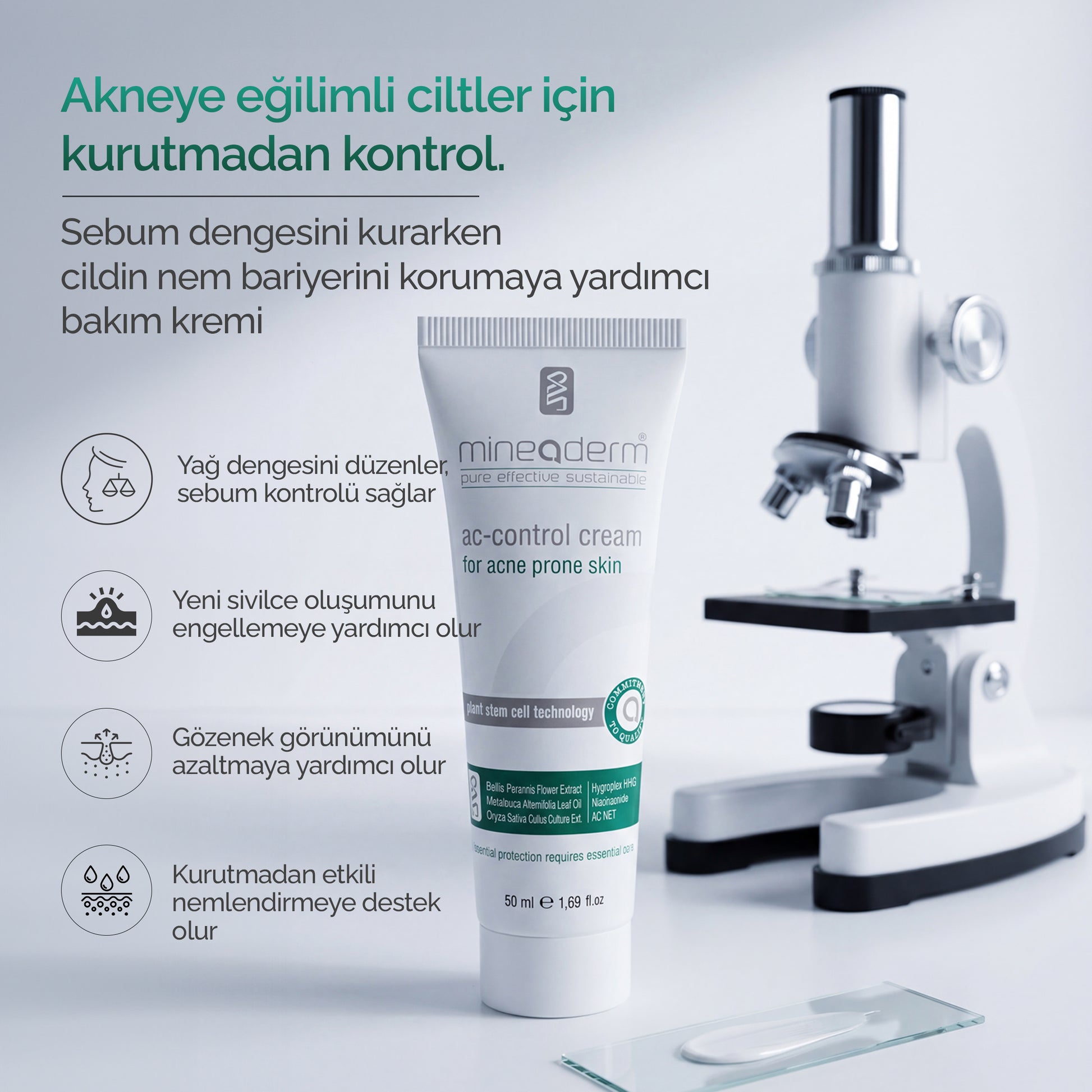 Mineaderm AC-Control Cream'in akneye eğilimli ciltler için kurutmadan kontrol formülünü anlatan bilgi görseli: yağ dengesi, yeni sivilce oluşumu, gözenek görünümü ve nemlendirme desteği.