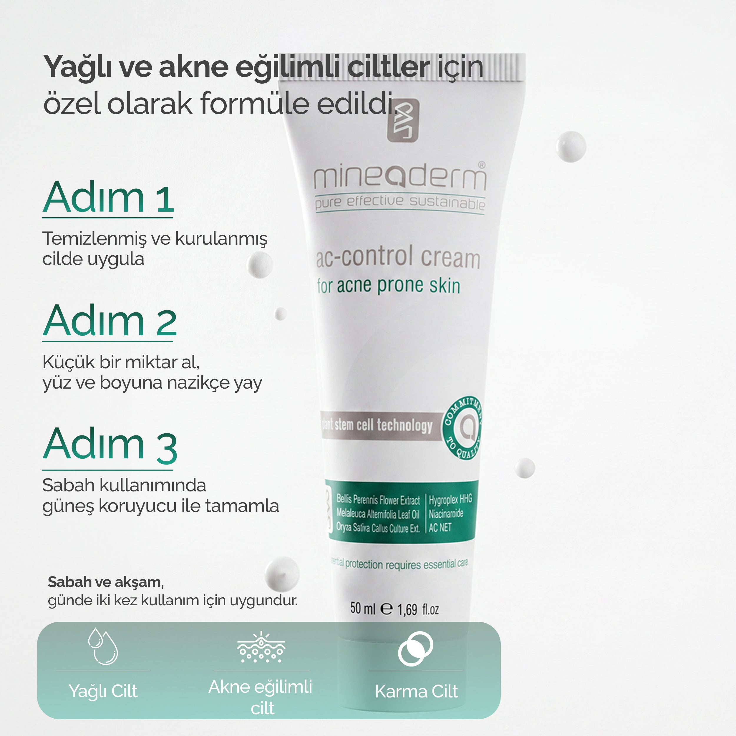 Mineaderm AC-Control Cream kullanım yönergesi: 3 adımlı rutin, sabah ve akşam günde iki kez kullanım; yağlı cilt, akneye eğilimli cilt ve karma cilt için uygun.