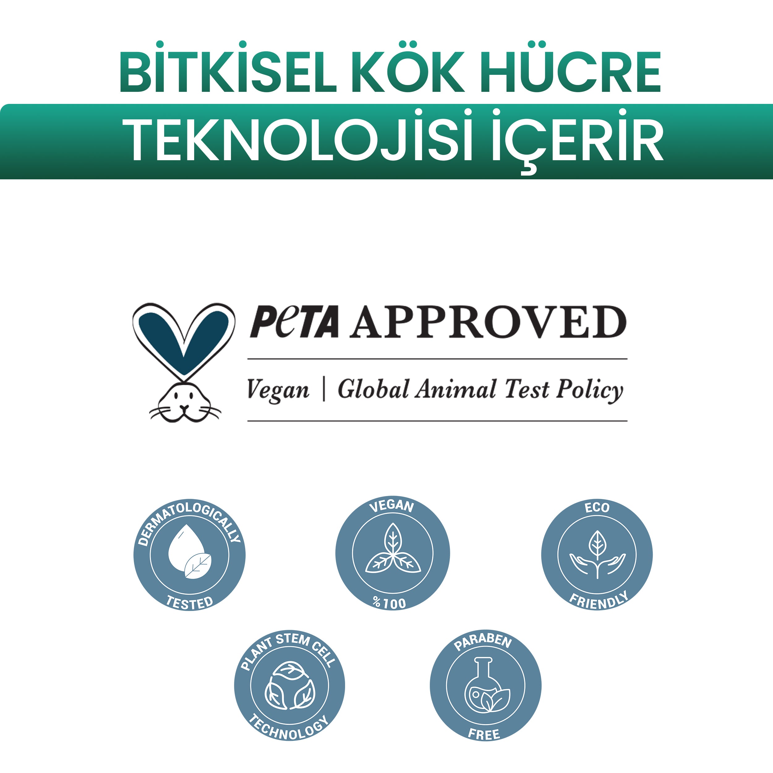 Mineaderm AC-Control Cream'in bitkisel kök hücre teknolojisi ve PETA Approved vegan rozetleri: dermatolojik test, eco friendly, paraben içermez ve cruelty free.