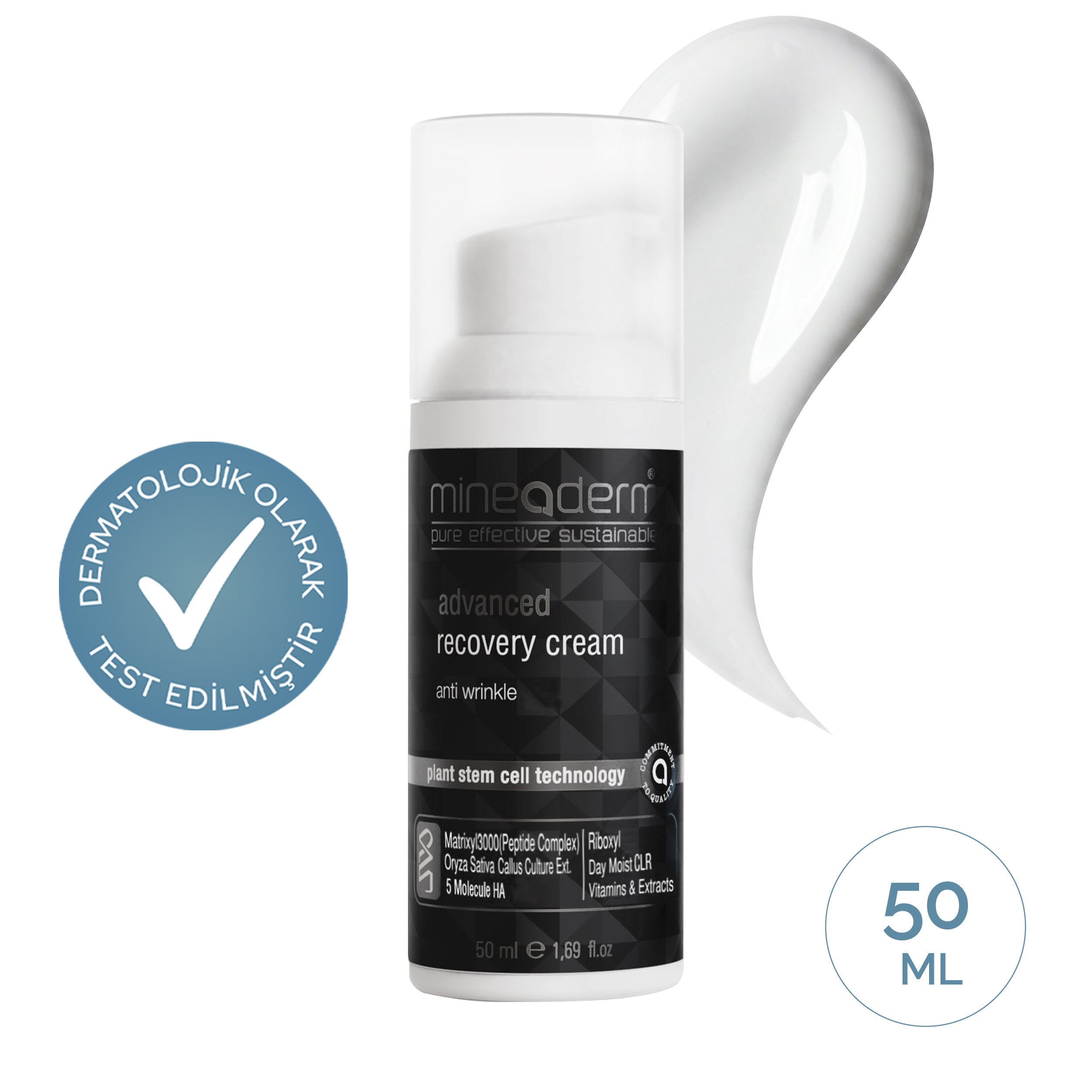Mineaderm Advanced Recovery Cream 50 ml beyaz pompalı şişe; yanında krem dokusu ve dermatolojik olarak test edilmiştir rozeti. Kırışıklık karşıtı yenileyici bakım kremi.