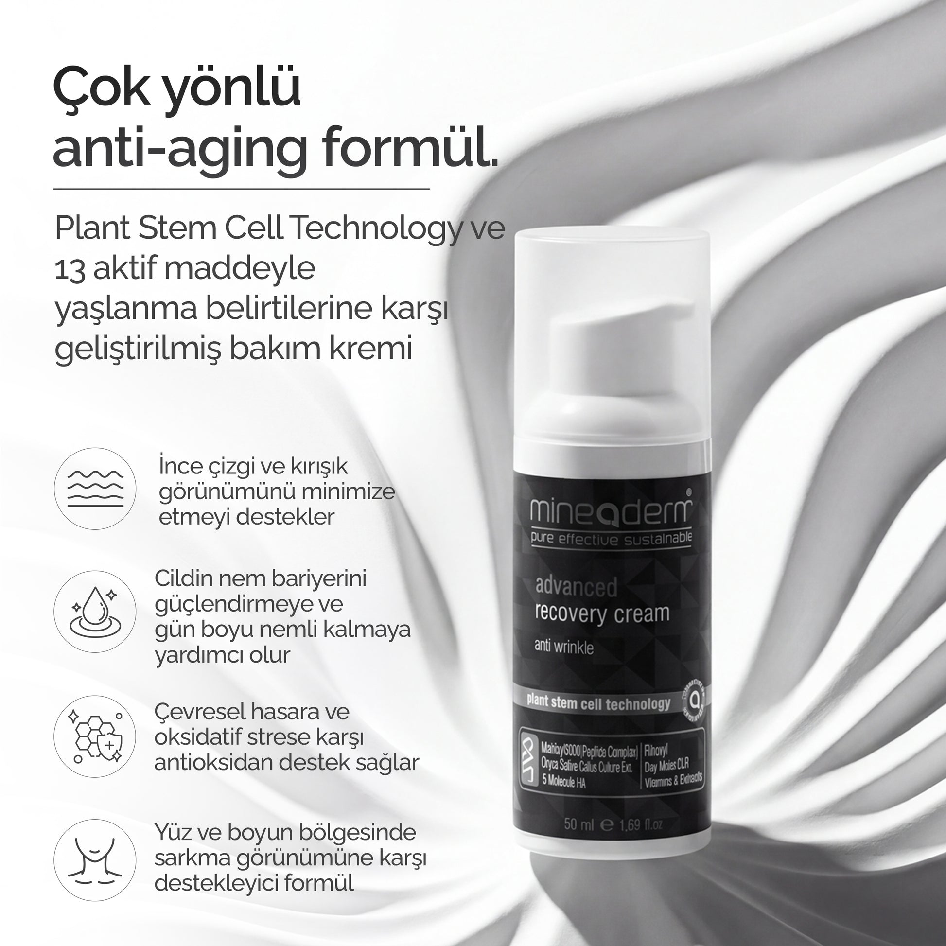 Mineaderm Advanced Recovery Cream'in 13 aktif maddeli çok yönlü anti-aging formülünü anlatan bilgi görseli: ince çizgi, cilt bariyeri, antioksidan ve sıkılaştırma desteği.