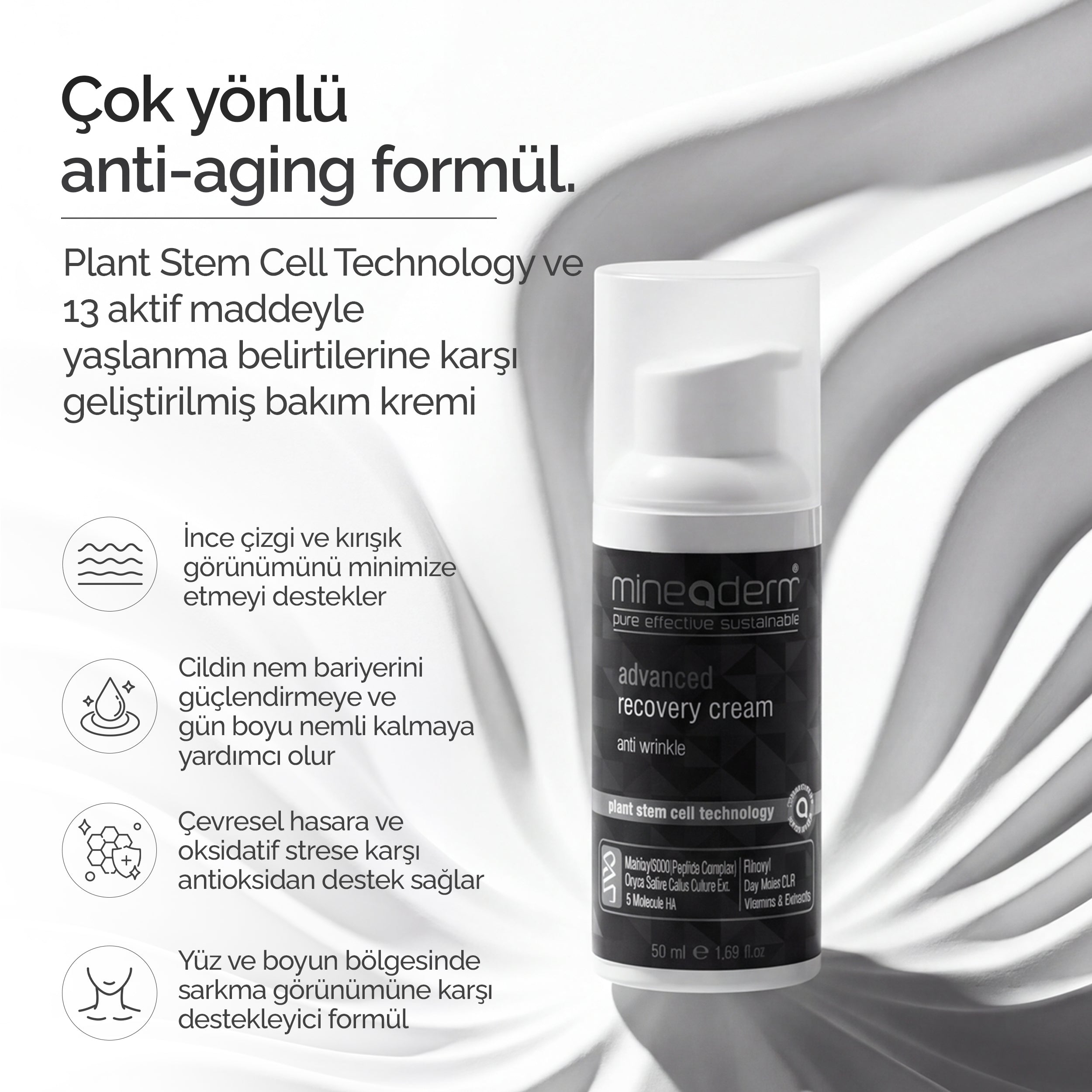 Mineaderm Advanced Recovery Cream'in 13 aktif maddeli çok yönlü anti-aging formülünü anlatan bilgi görseli: ince çizgi, cilt bariyeri, antioksidan ve sıkılaştırma desteği.