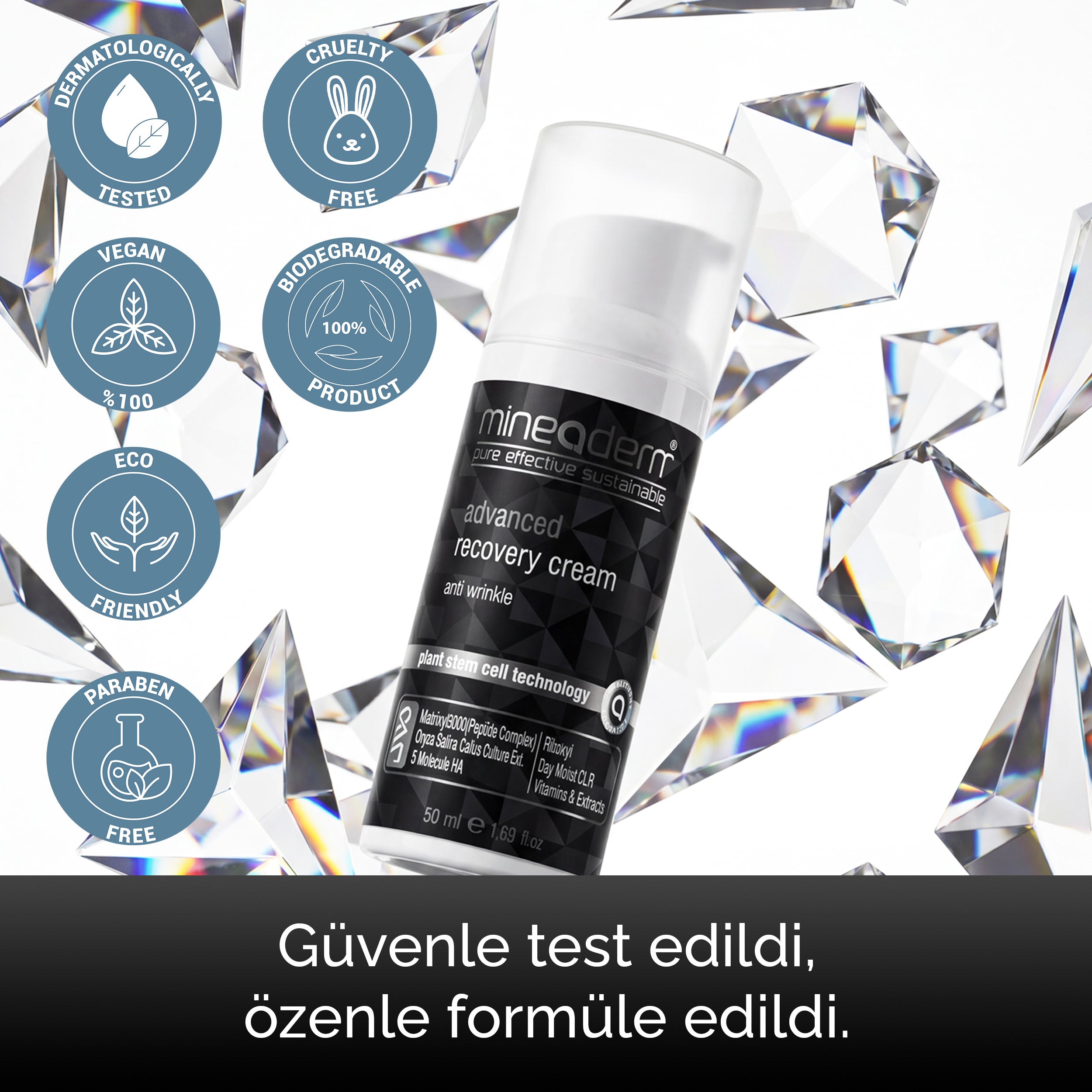 Mineaderm Advanced Recovery Cream şişesi kristallerle; güvenle test edilmiş ve özenle formüle edilmiş sertifika rozetleri: dermatolojik test, cruelty free, vegan, eco friendly ve paraben içermez.
