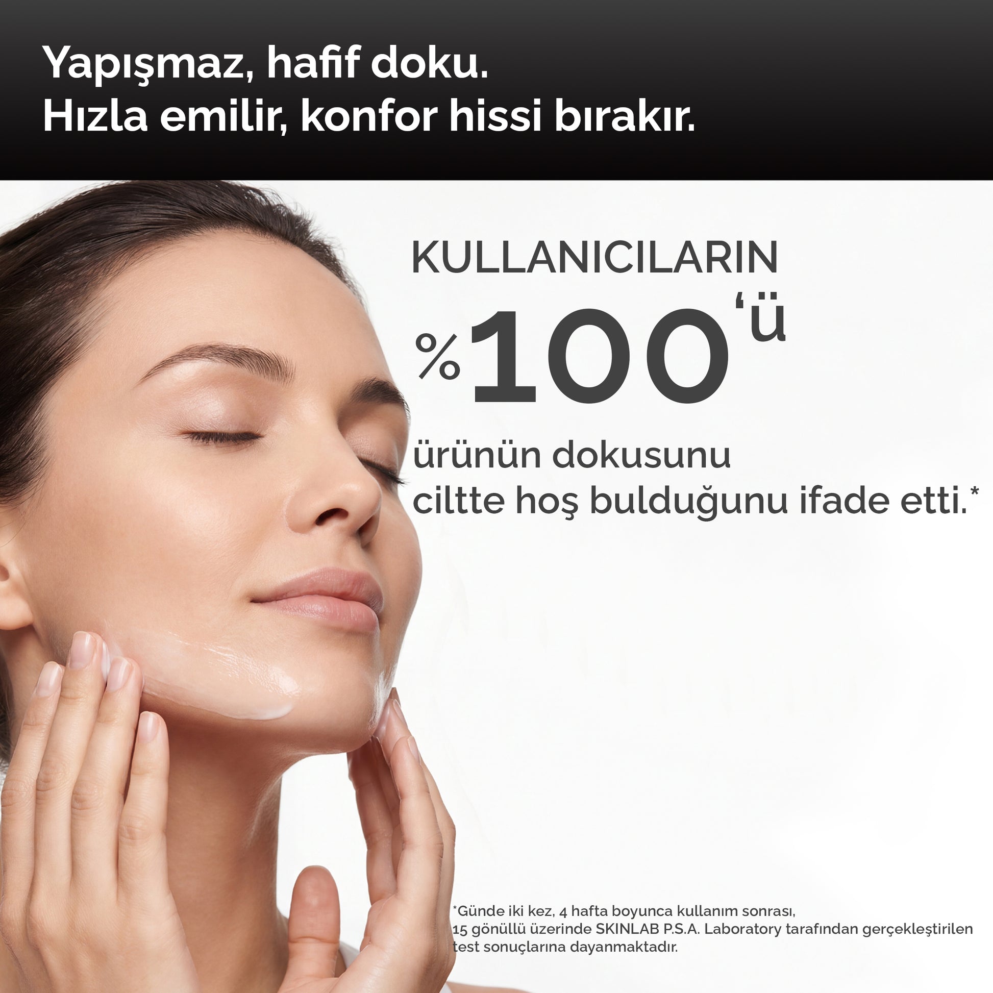 Mineaderm Advanced Recovery Cream kullanan bir kadın yüzüne dokunuyor; yapışmaz, hafif dokulu, hızla emilen ve konfor hissi bırakan kırışıklık karşıtı krem.