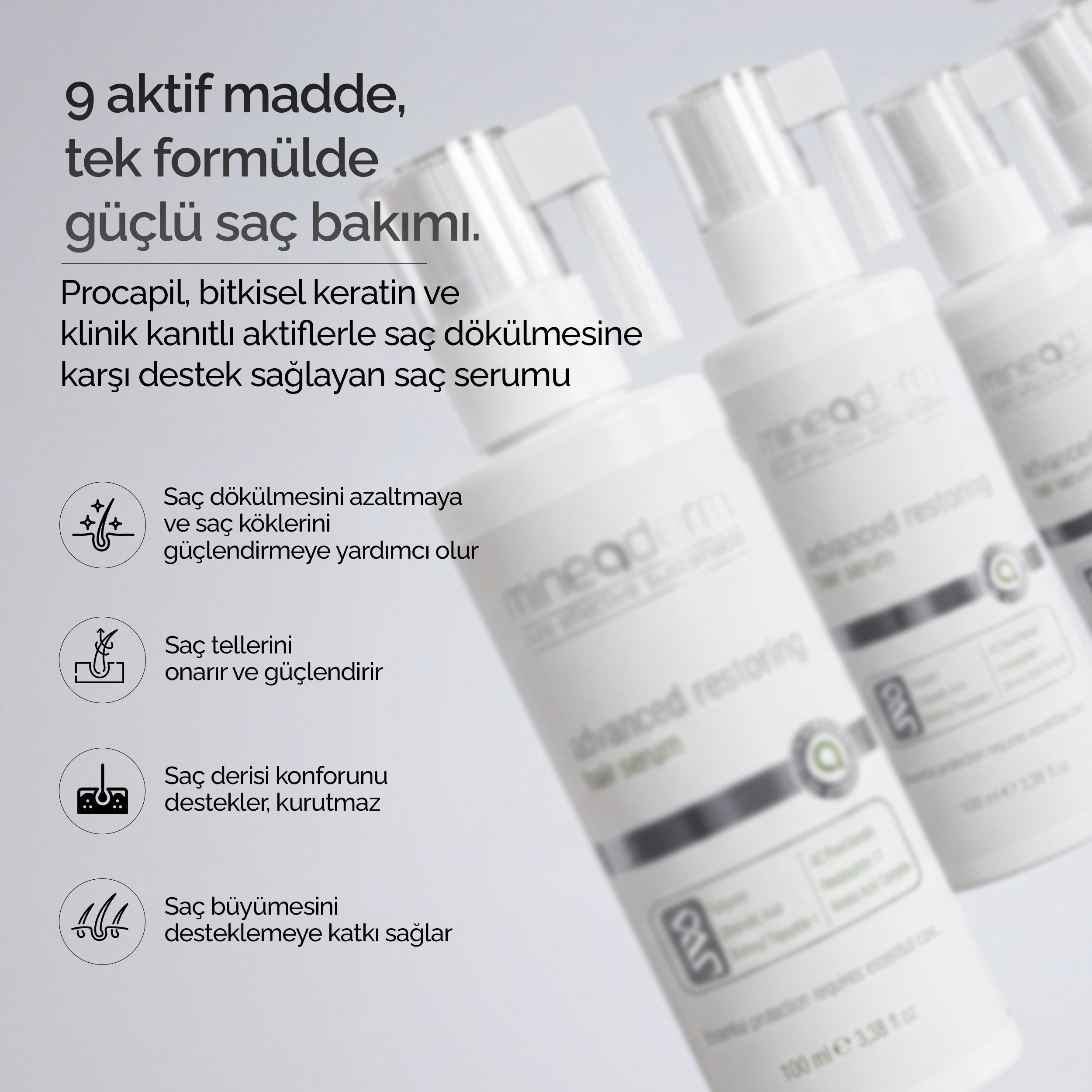Mineaderm saç dökülme karşıtı serumun durulanmadan kullanılan güçlendirici formülünü anlatan bilgi görseli: saç dibi güçlendirme, dolgunluk, saç derisi konforu ve büyüme desteği.