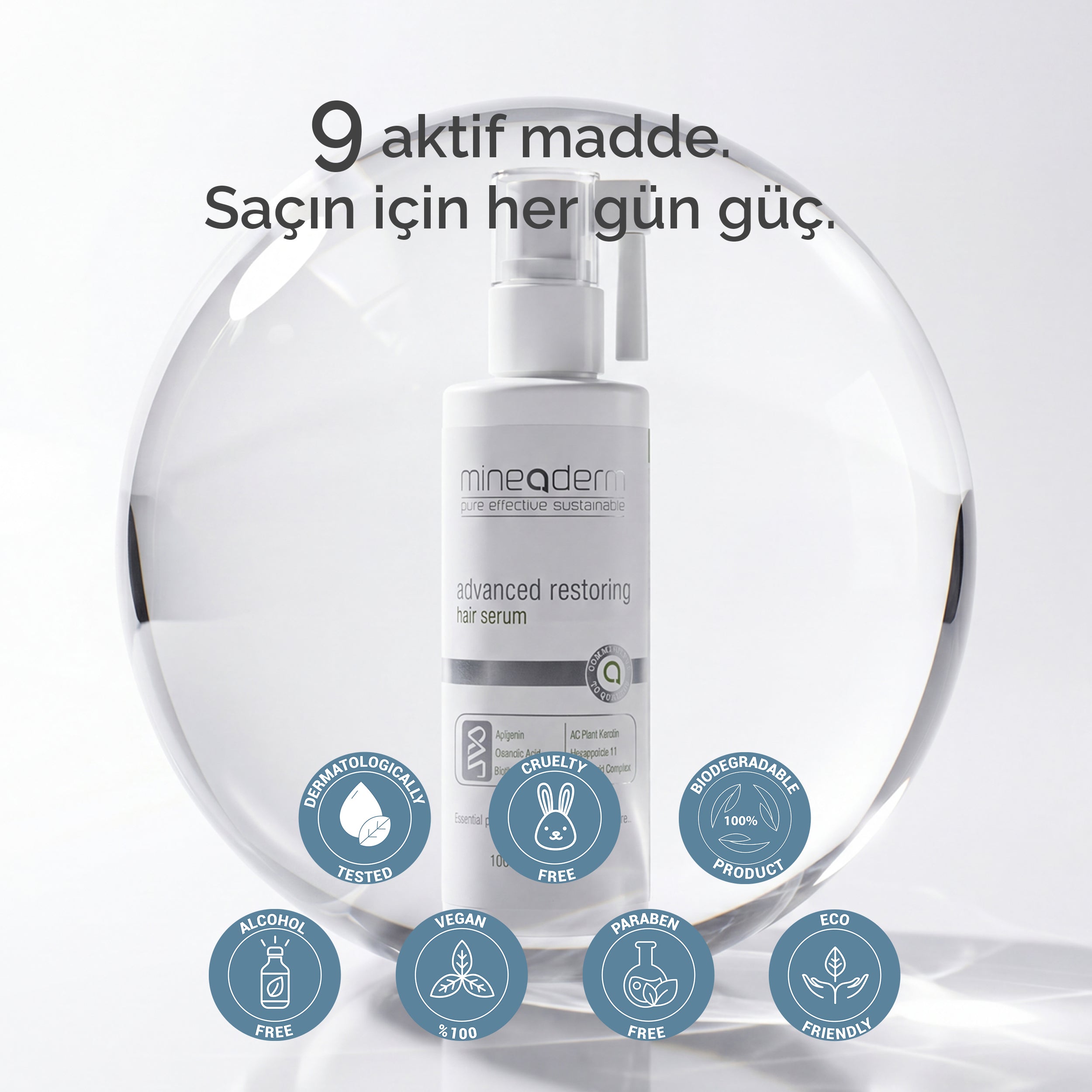 Mineaderm Advanced Restoring Hair Serum şişesi koyu saç dokusu önünde; saç dibini güçlendiren, dökülmeye karşı destek sağlayan bakım serumu.