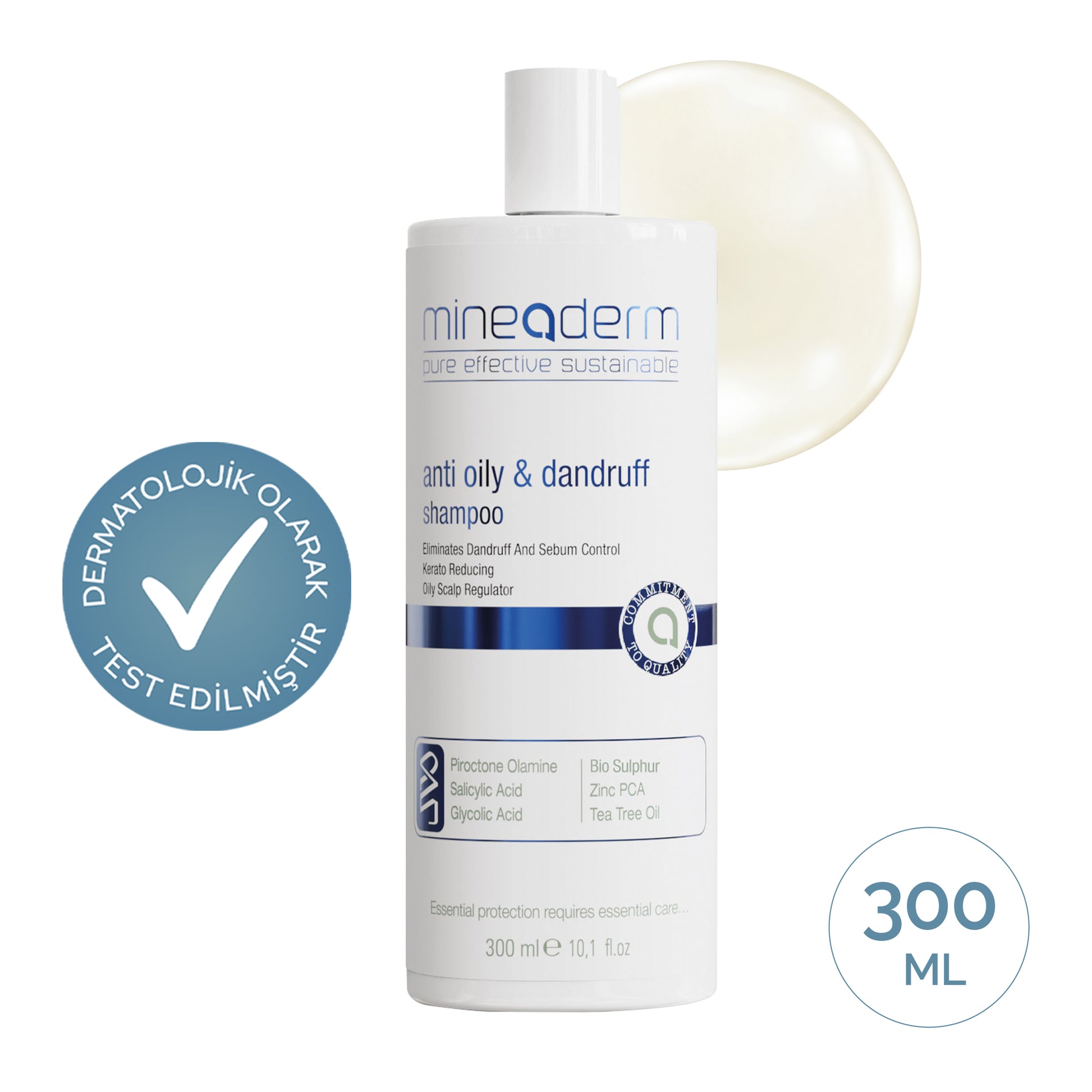 Mineaderm Anti Oily & Dandruff Shampoo 300 ml beyaz şişe; yanında şampuan dokusu ve dermatolojik olarak test edilmiştir rozeti. Yağlı saçlar için kepek önleyici bakım şampuanı.