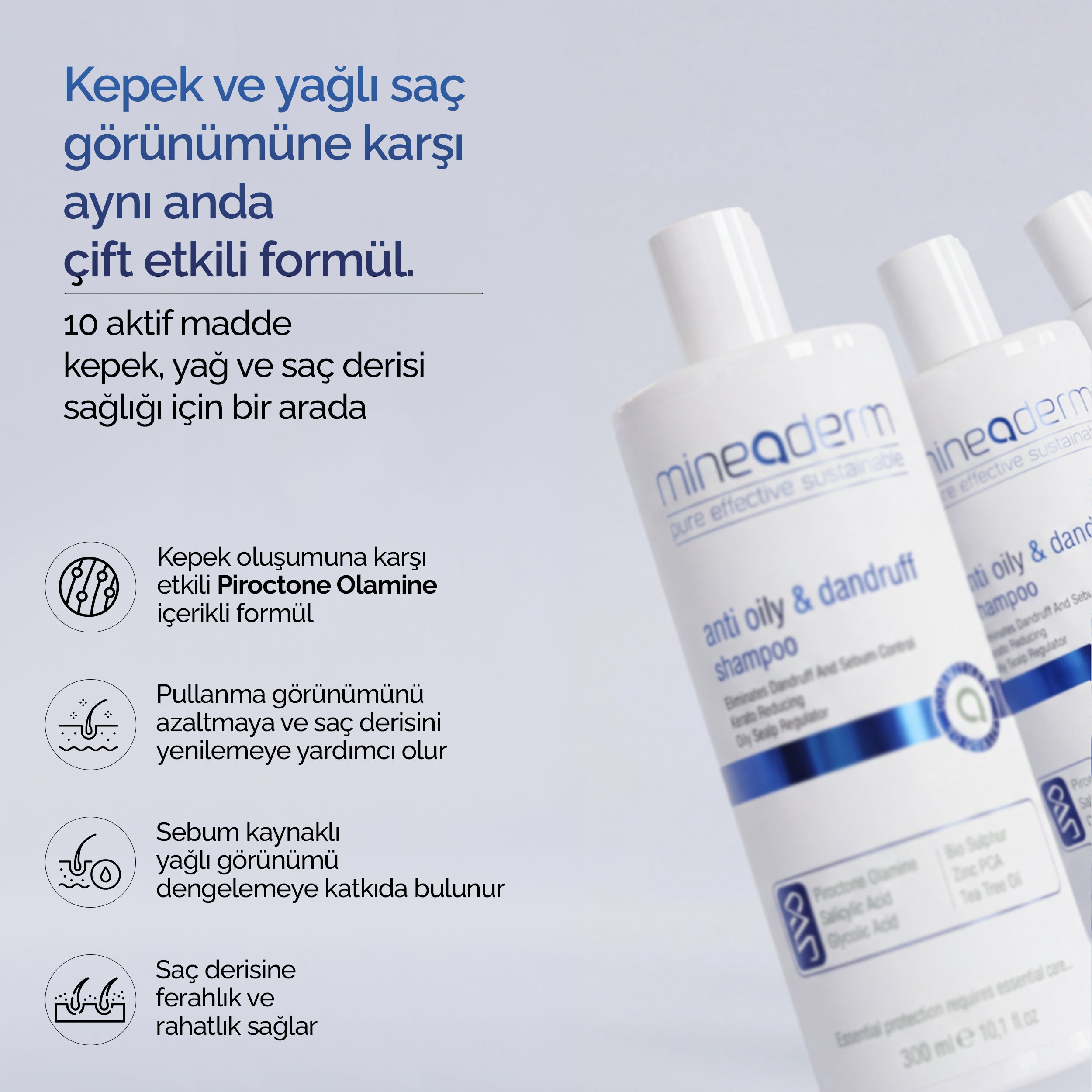 Mineaderm kepek önleyici şampuanın kepek ve yağlı saç görünümüne karşı çift etkili formülünü anlatan bilgi görseli: Piroctone Olamine içeriği, pullanma, sebum dengesi ve saç derisi ferahlığı.
