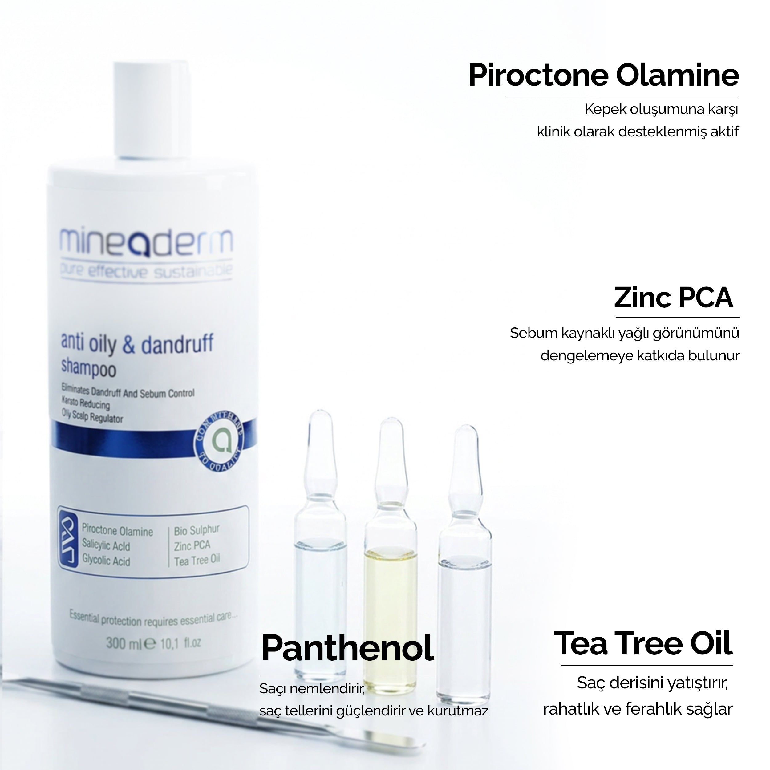 Mineaderm kepek önleyici şampuanın içerik görseli: Piroctone Olamine, Zinc PCA, Panthenol ve Tea Tree Oil etken maddeleri ve saça faydaları.