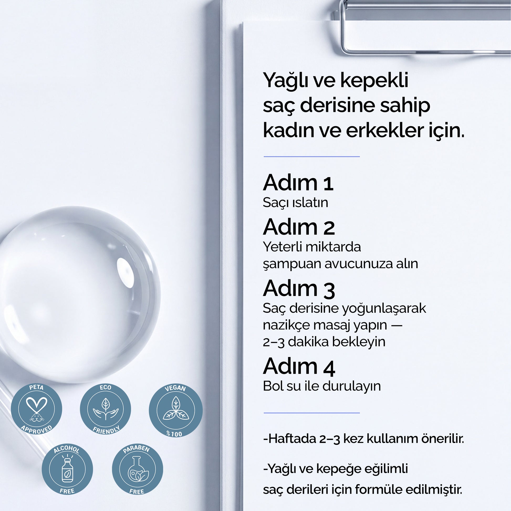 Mineaderm kepek önleyici şampuan kullanım yönergesi: yağlı ve kepekli saç derisi için 4 adımlı rutin, haftada 2-3 kez kullanım; vegan, paraben ve alkol içermez rozetleri.