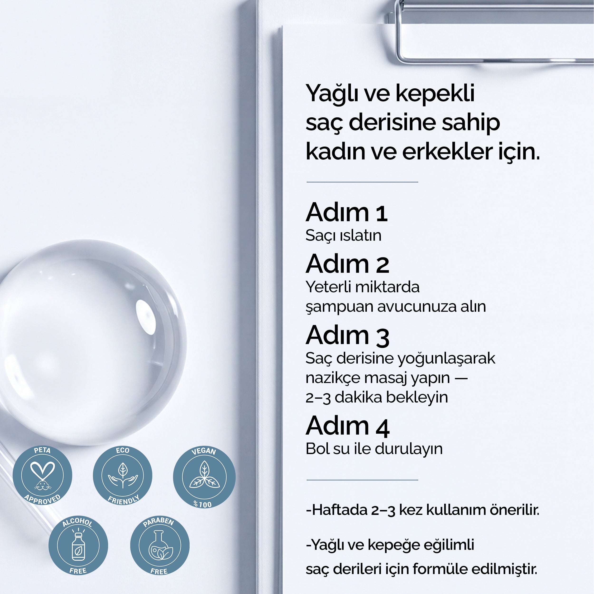 Mineaderm kepek önleyici şampuan kullanım yönergesi: yağlı ve kepekli saç derisi için 4 adımlı rutin, haftada 2-3 kez kullanım; vegan, paraben ve alkol içermez rozetleri.