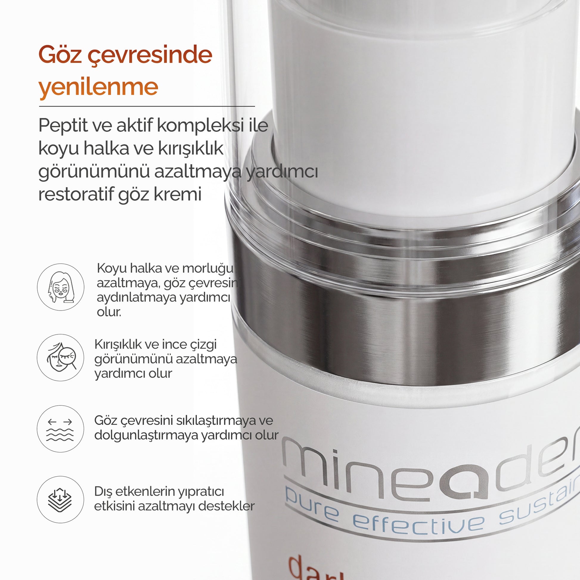 Mineaderm Dark Circle göz kreminin peptit ve aktif kompleksiyle göz çevresinde yenilenme formülünü anlatan bilgi görseli: koyu halka, kırışıklık, sıkılaştırma ve dış etken desteği.