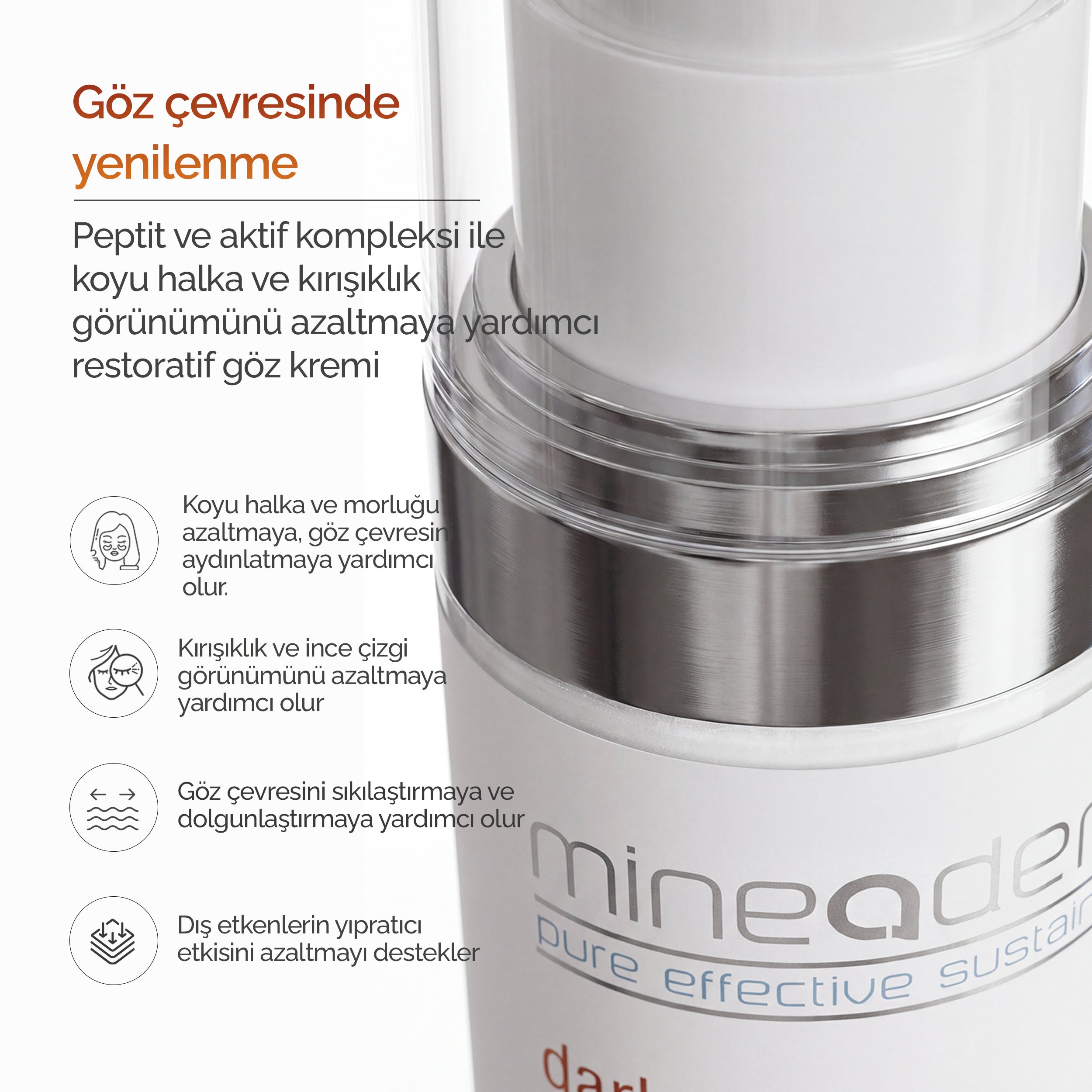 Mineaderm Dark Circle göz kreminin peptit ve aktif kompleksiyle göz çevresinde yenilenme formülünü anlatan bilgi görseli: koyu halka, kırışıklık, sıkılaştırma ve dış etken desteği.
