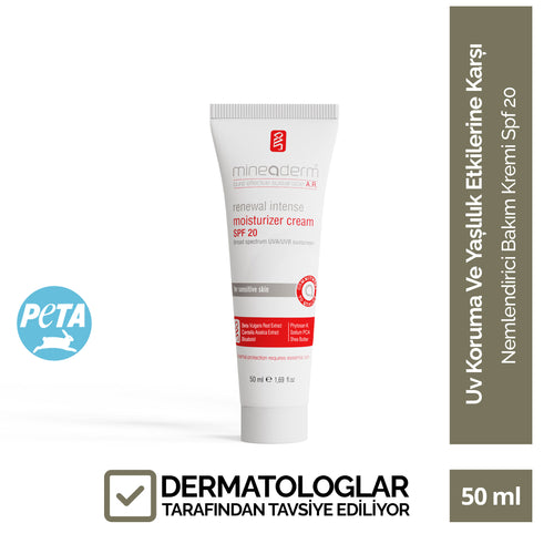 Mineaderm Nemlendirici Güneş Koruyucu Kızarıklık Karşıtı; 50 ml beyaz tüp ambalajda, kırmızı ve gri detaylı krem. Hassas cildi UVA ve UVB ışınlarına karşı korur, cilt bariyerini güçlendirmeye yardımcı olur. Kızarıklık görünümünü azaltmayı destekler, cildin direncini artırır ve doğal görünümünü korumasına katkı sağlar.
