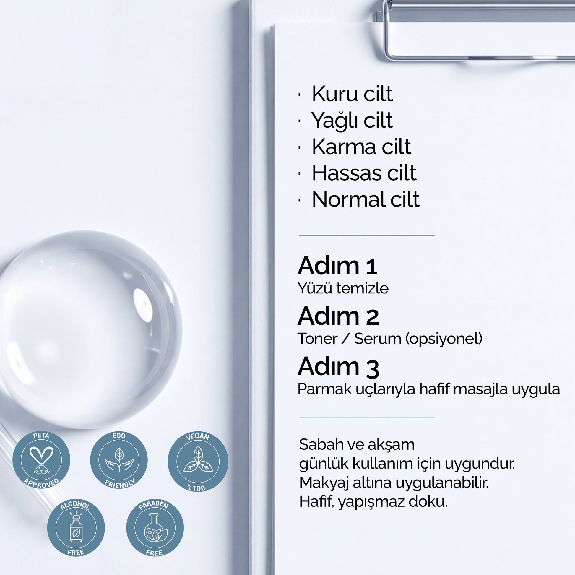 Mineaderm HydraGlow nemlendirici krem kullanım yönergesi: her cilt tipine uygun, 3 adımlı rutin, sabah ve akşam kullanım; vegan, paraben ve alkol içermez rozetleri.